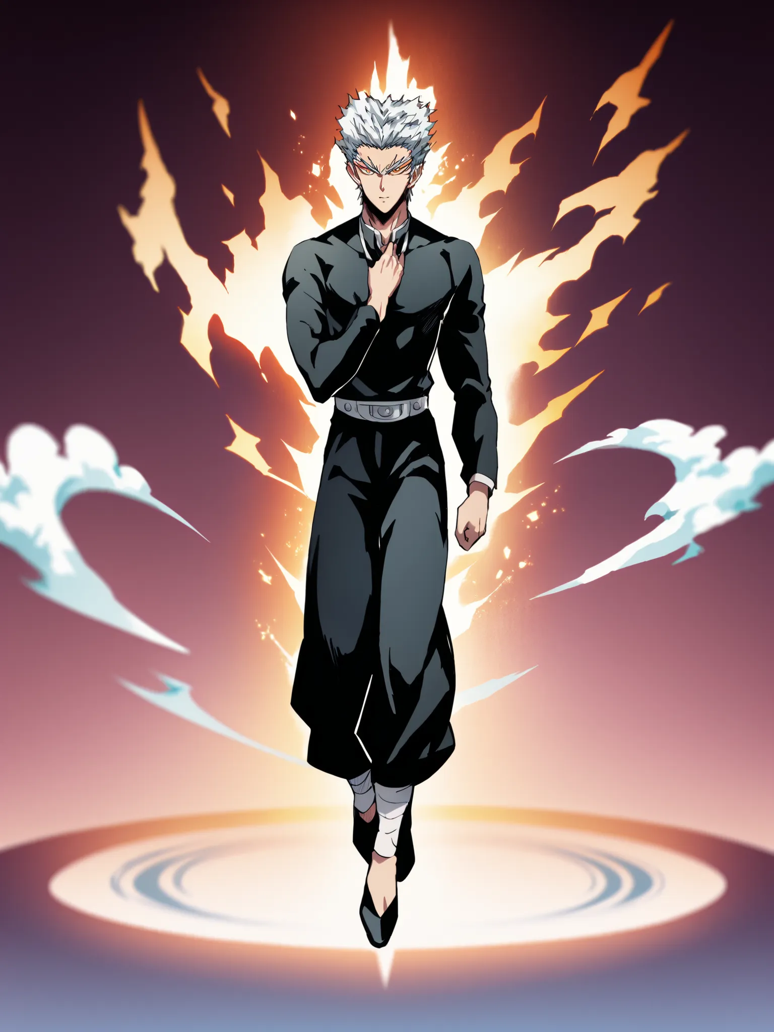colorful back background with silver hair and yellow eyes based on a Demon Slayer illustration, gay, One Punch Man[garou], Full body illustration, Referring to the Demon Slayer illustration