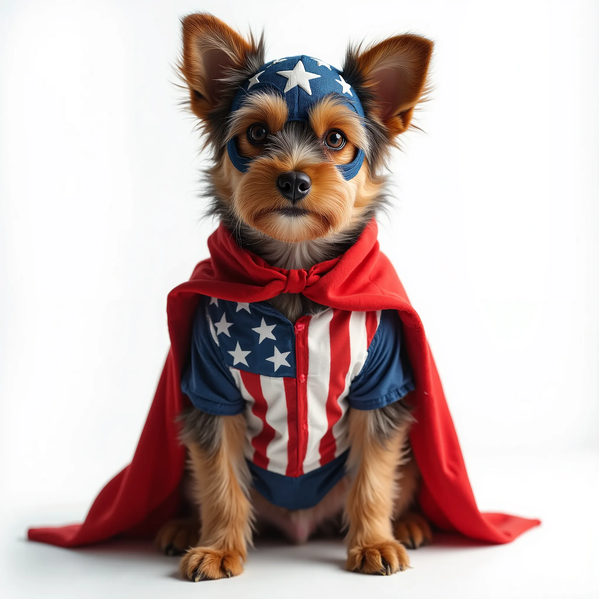 Photorealistic image of a dog wearing a patriotic superhero costume inspired by the American flag, standing proudly on a white background. The costume includes a red cape, blue mask with white stars, and striped outfit in red, white, and blue. The dog look...