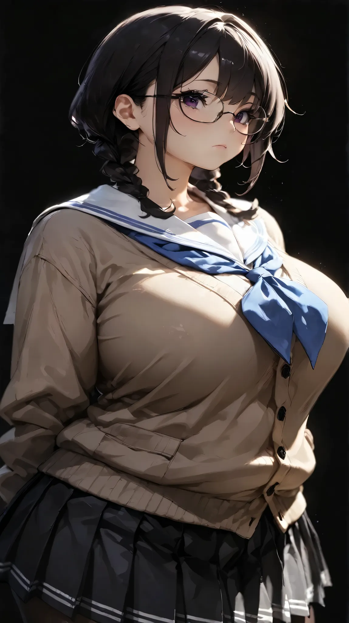 Shelley Gee, (masterpiece, Highest Quality, high resolution: 1.2), girl, alone, black eyes、Chubby body type、Super big breasts、big waist、Cylindrical body type、
floral pattern Long pleated skirt、No expression、Pitch black background、pantyhose、black hair、Fatty...