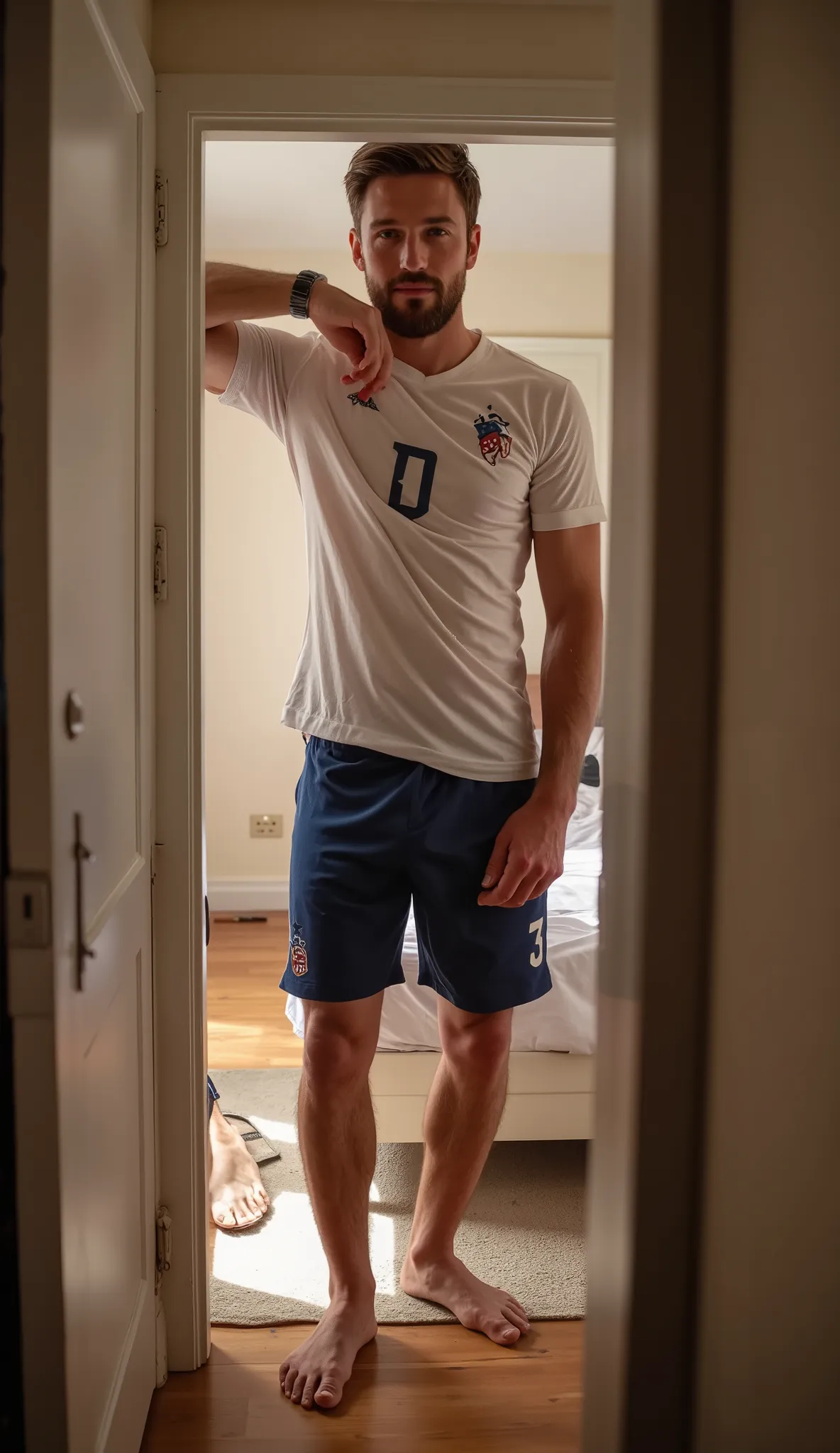 man , Sensual, high, moreno, athletic, lean body, very skinny body, skinny defined jaw, Straight Nose, penetrating blue eyes , short brown hair , Looks like it's Chris Evans , well-groomed beard , mature and airy face , full body , realistic i...