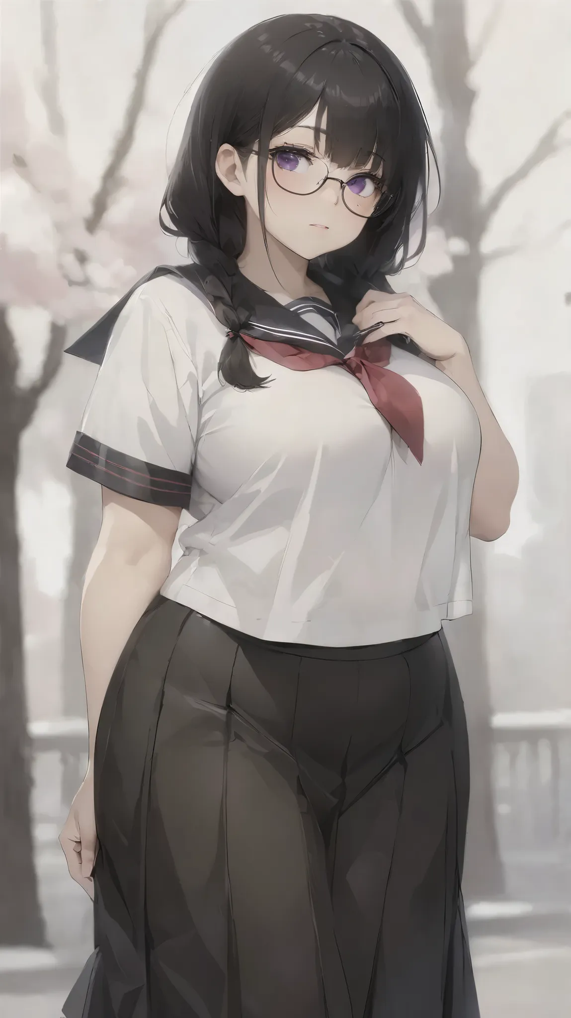 Shelley Gee, (masterpiece, Highest Quality, high resolution: 1.2), girl, alone, black eyes、Chubby body type、Super big breasts、big waist、Cylindrical body type、
floral pattern Long pleated skirt、No expression、Pitch black background、pantyhose、black hair、Fatty...