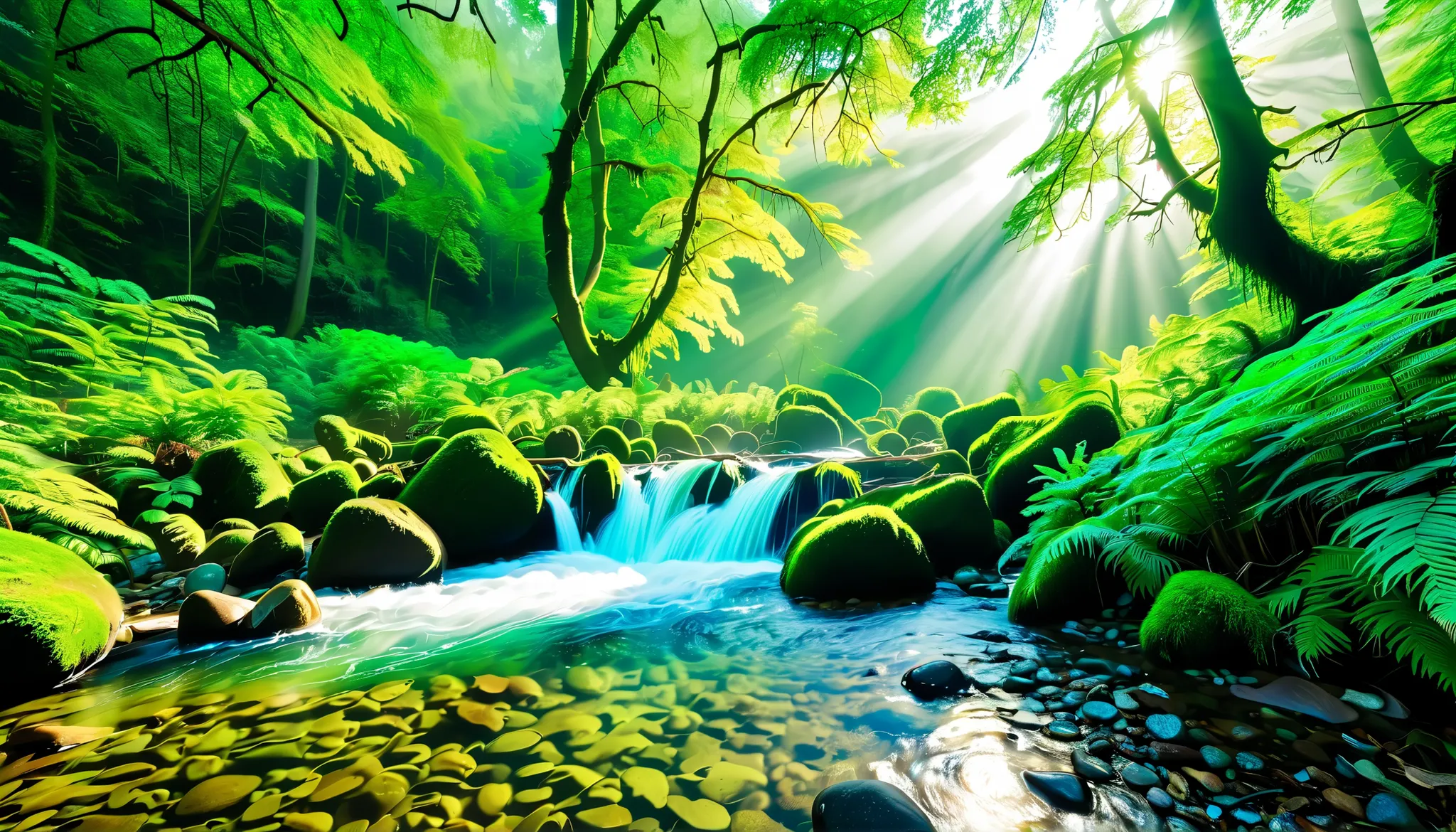 (Clear Stream in the Forest:1.5),(Multiple beautiful, mysterious, and large waterfalls can be seen in the back:1.5),(realistic expression:1.5),(Super Realism:1.5),A beam of light is emitted from the waterfall, Mysterious Forest Lagoon, Magical forest backg...