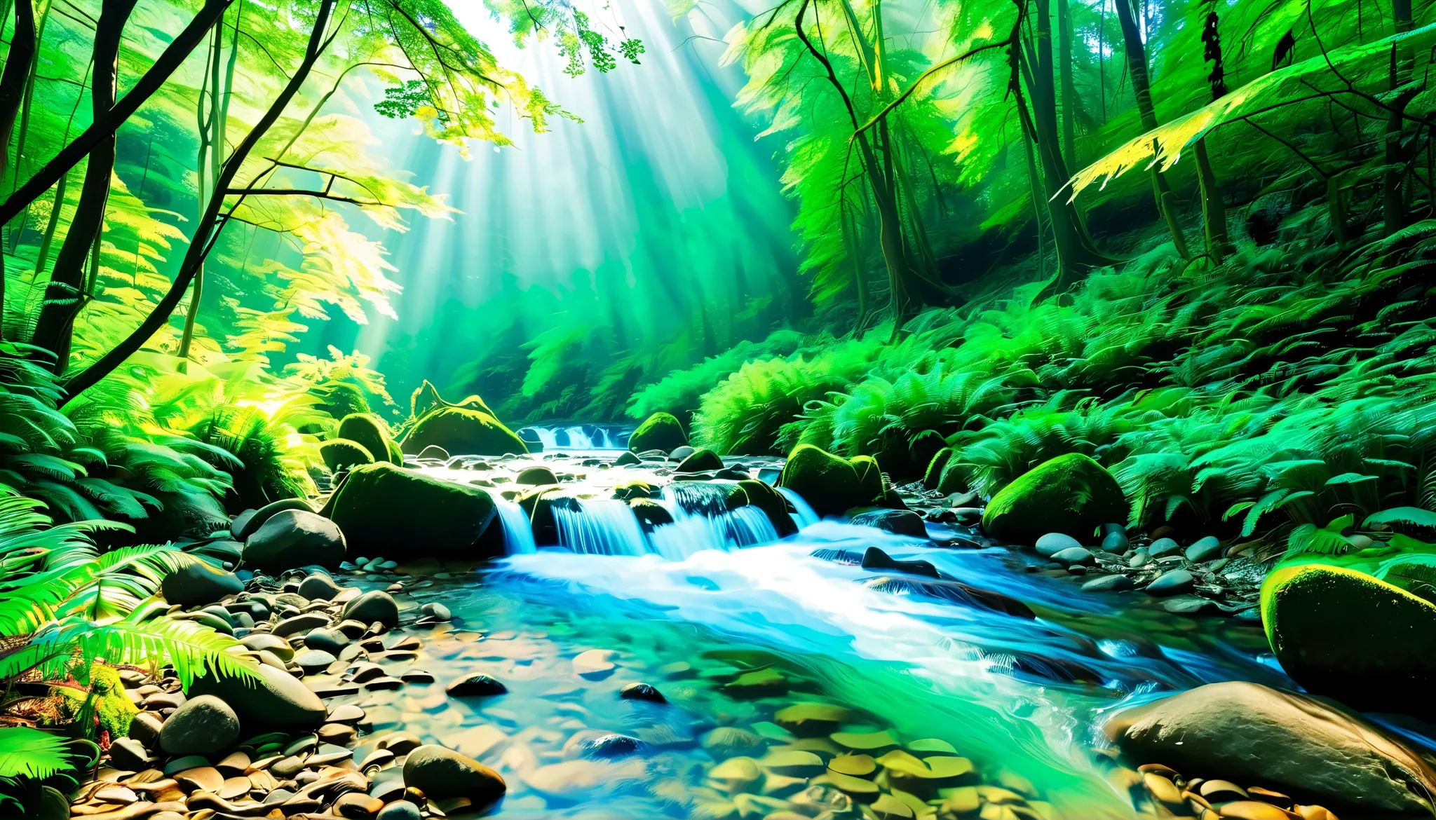 (a clear stream in the forest:1.5),(multiple beautiful , mysterious, You can see a large waterfall in the back:1.5),(realistic expression:1.5),(Super Realism:1.5),The light is coming out of the waterfall, Mysterious Forest Lagoon, Magical forest background...