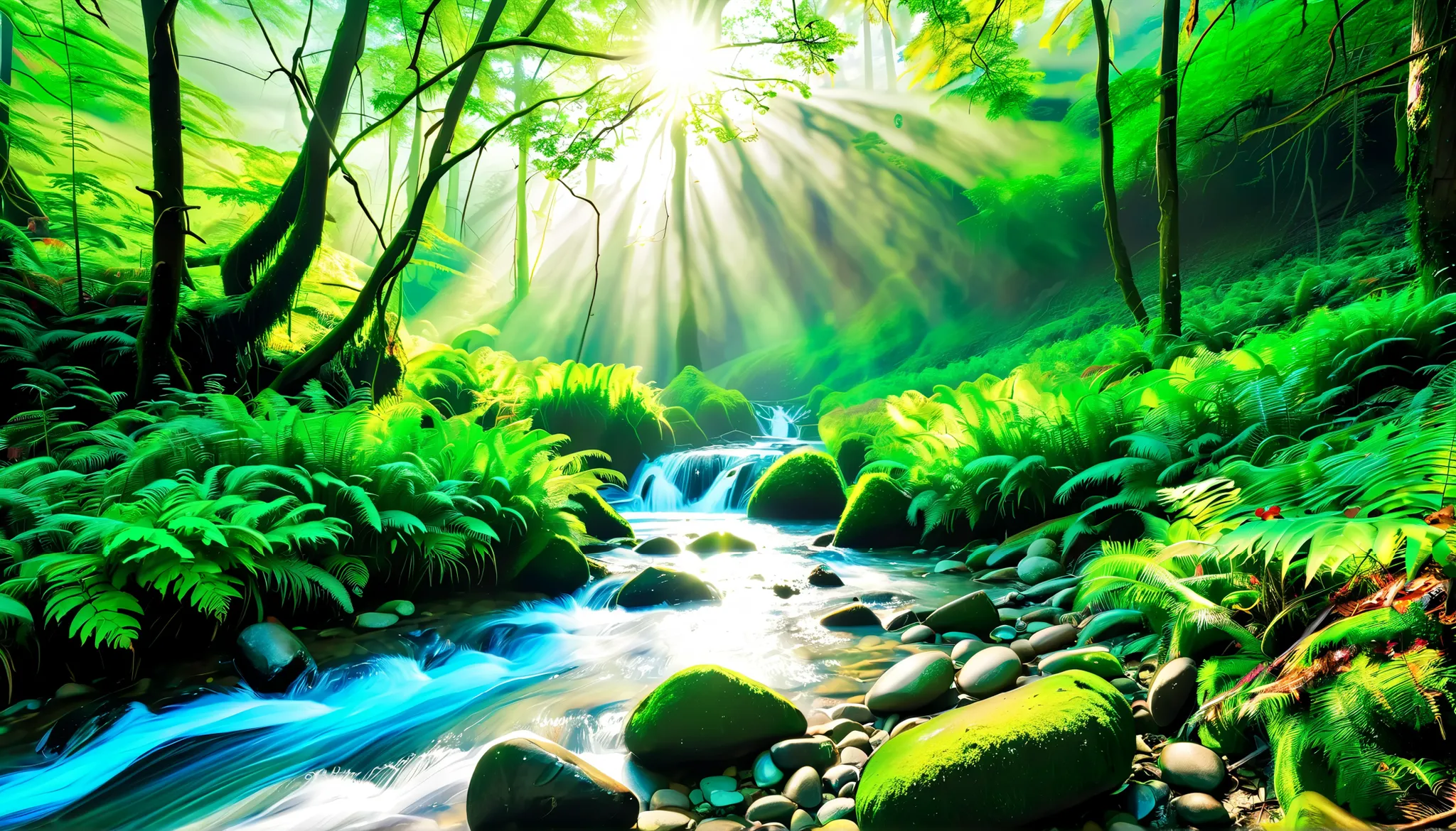 (a clear stream in the forest:1.5),(multiple beautiful , mysterious, You can see a large waterfall in the back:1.5),(realistic expression:1.5),(Super Realism:1.5),The light is coming out of the waterfall, Mysterious Forest Lagoon, Magical forest background...