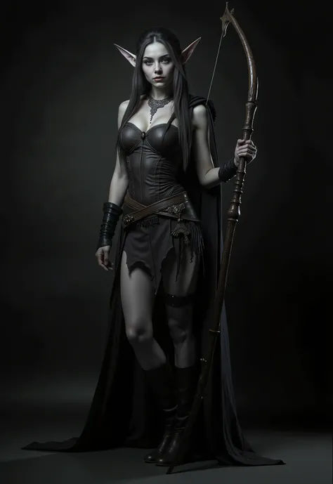 The Shadar-Kai woman is in the shade, looking at the camera. The purple iris of her eyes shines from the dark depths, contrasting with the pale ashen color of her skin, that maintains a uniform gray tone throughout her body, except where interrupted by a l...