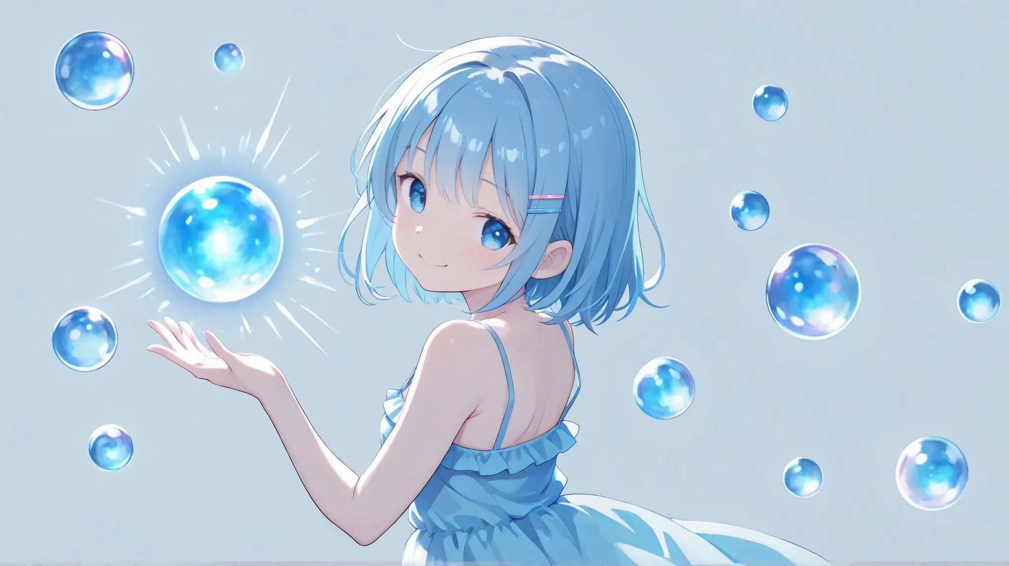girl,short pastel blue hair,light blue hairpins,light blue eyes,smile,pastel blue camisole dress,Looking Back,bust up,There are many pale white spheres dancing on a pale pastel blue background,best quality