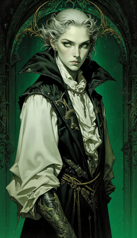 Full body shot, Young European woman . gothic background，, her shining green eyes exude divine power,  Her porcelain white skin is soft ,  similar to the ancient runes of the universe ,  extraordinary beauty . sexy