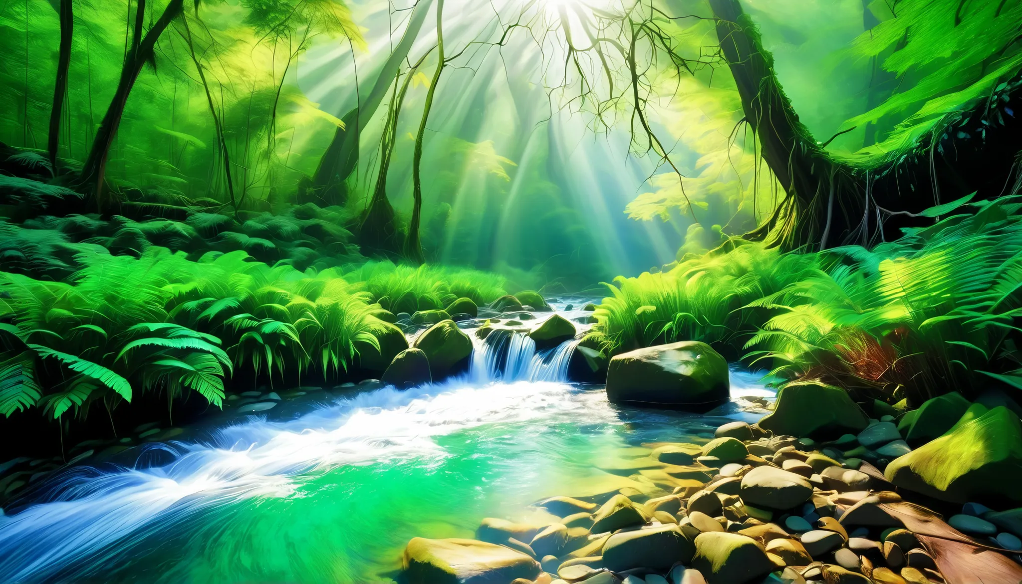 (a clear stream in the forest:1.5),(multiple beautiful , mysterious, You can see a large waterfall in the back:1.5),(realistic expression:1.5),(Super Realism:1.5),The light is coming out of the waterfall, Mysterious Forest Lagoon, Magical forest background...