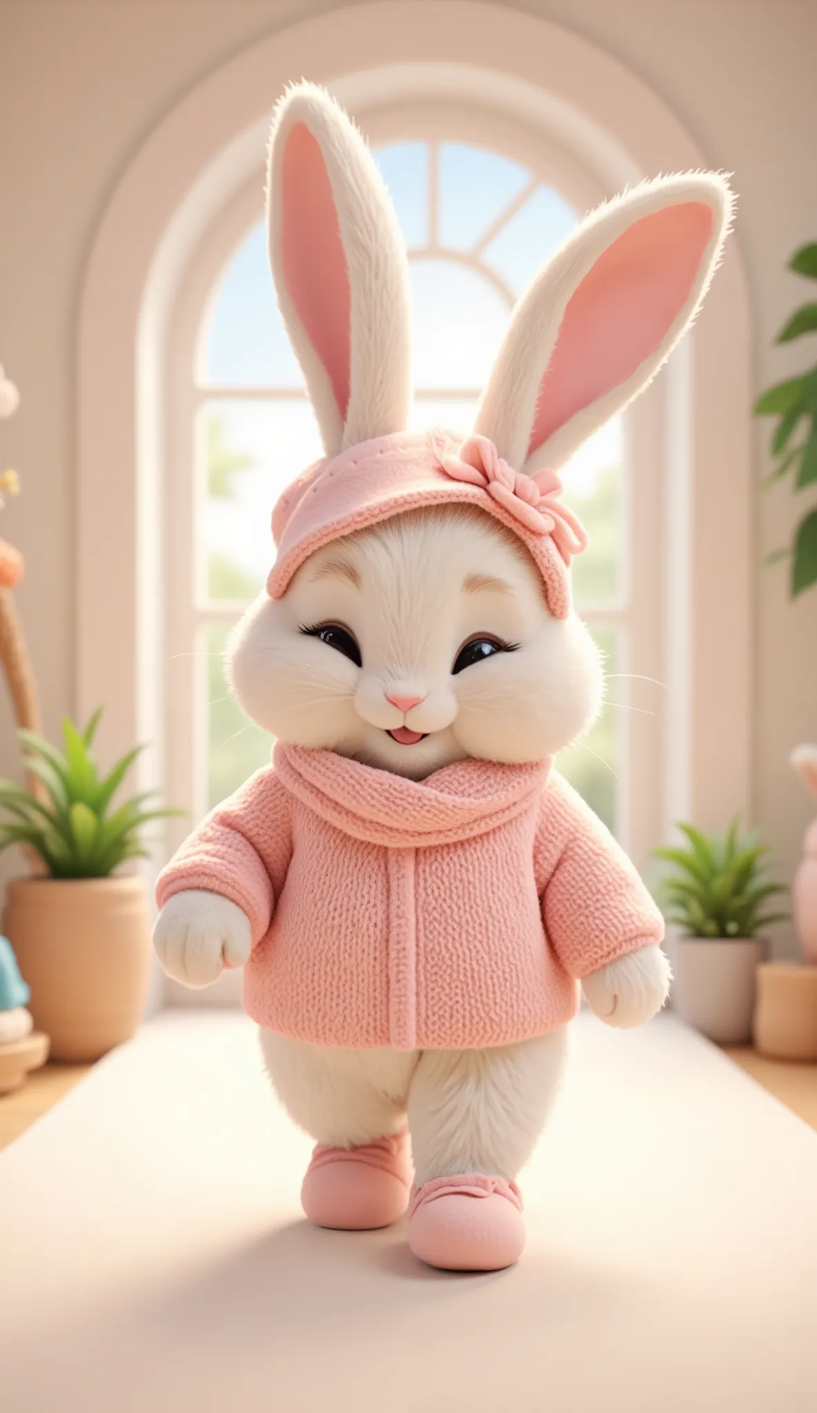 A fluffy baby bunny with long ears and white fur walking down a pastel indoor runway. Wearing a soft pink sweater with shoes, and a hat with a ribbon. The background has pastel lighting, soft shadows, and mini potted plants. Digital art, 3D cartoon style, ...