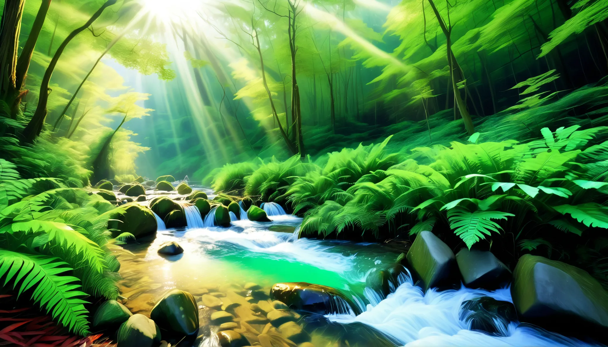 (a clear stream in the forest:1.5),(multiple beautiful , mysterious, You can see a large waterfall in the back:1.5),(realistic expression:1.5),(Super Realism:1.5),The light is coming out of the waterfall, Mysterious Forest Lagoon, Magical forest background...