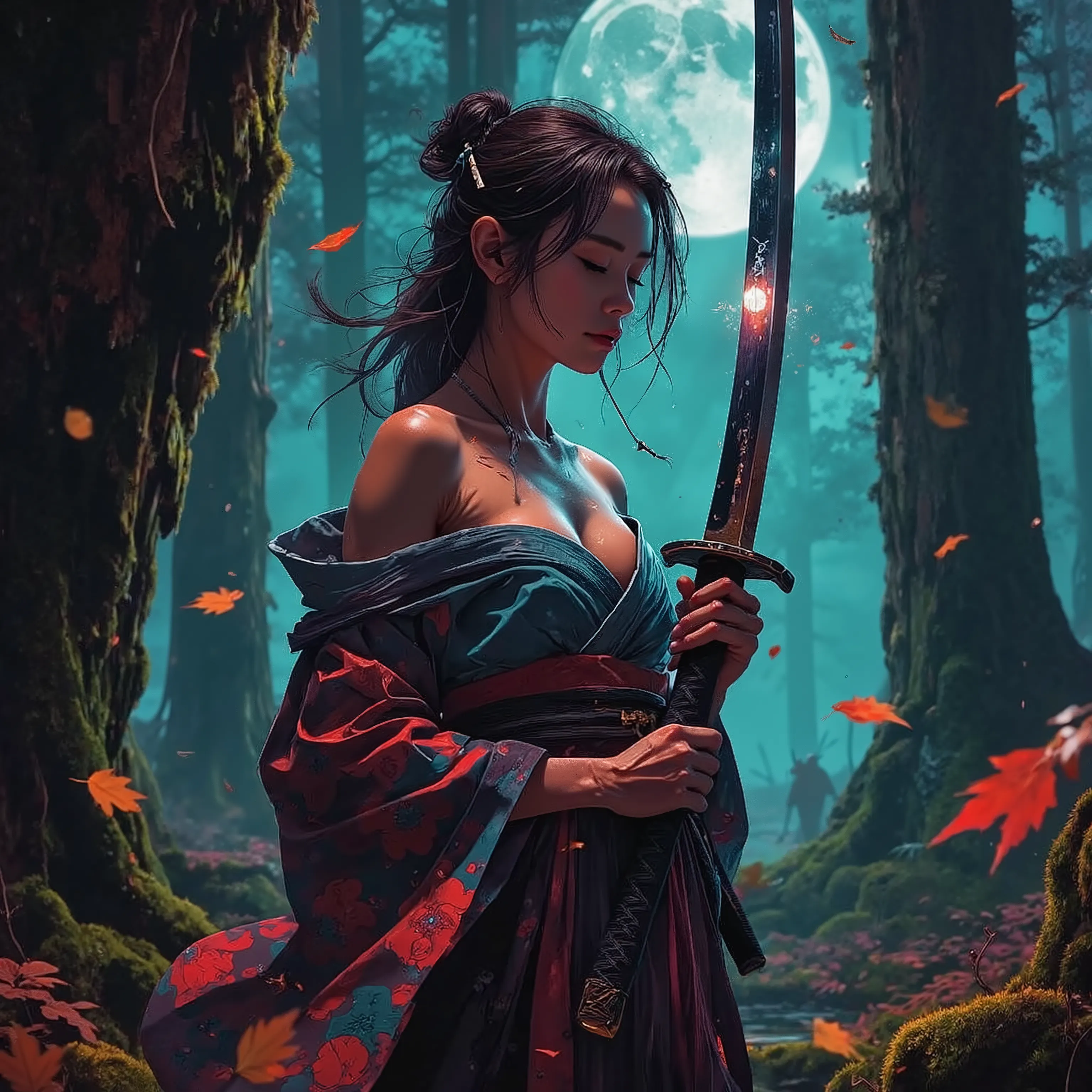 A serene yet intense scene in a dense, ancient forest during the stillness of twilight. A woman, one of her breasts are showing, dressed in traditional Edo-period attire stands prominently in the frame, her upper body filling much of the composition. Her ...