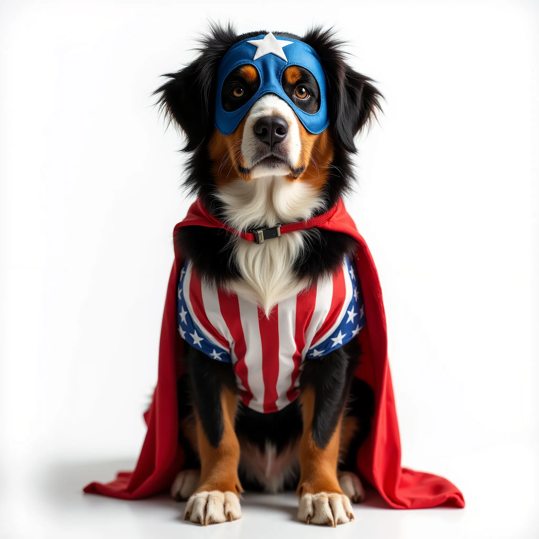 Photorealistic image of a Bernese Mountain Dog wearing a patriotic superhero costume inspired by the American flag, standing proudly on a white background. The costume includes a red cape, blue mask with white stars, and striped outfit in red, white, and b...