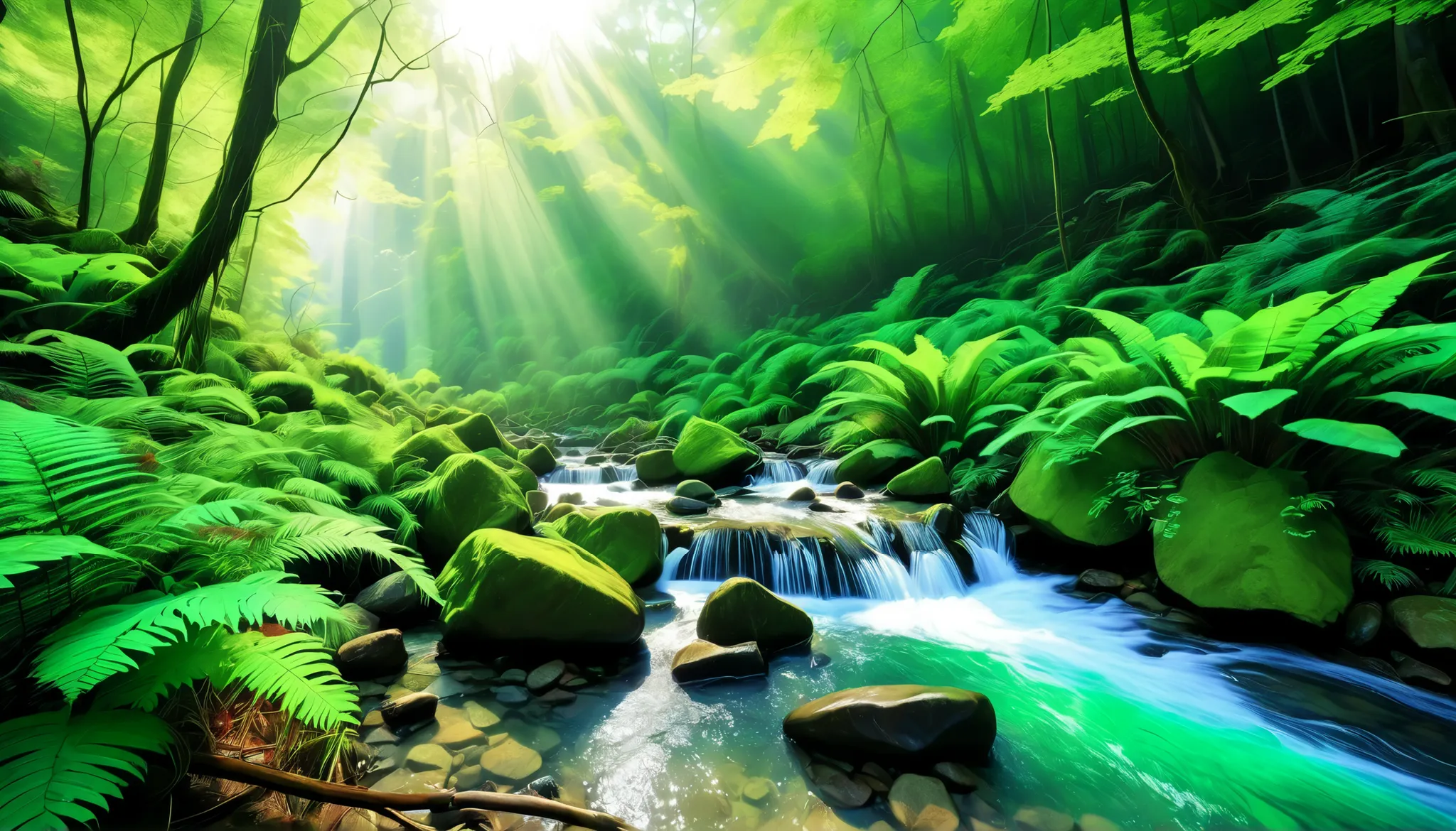 (a clear stream in the forest:1.5),(multiple beautiful , mysterious, You can see a large waterfall in the back:1.5),(realistic expression:1.5),(Super Realism:1.5),The light is coming out of the waterfall, Mysterious Forest Lagoon, Magical forest background...