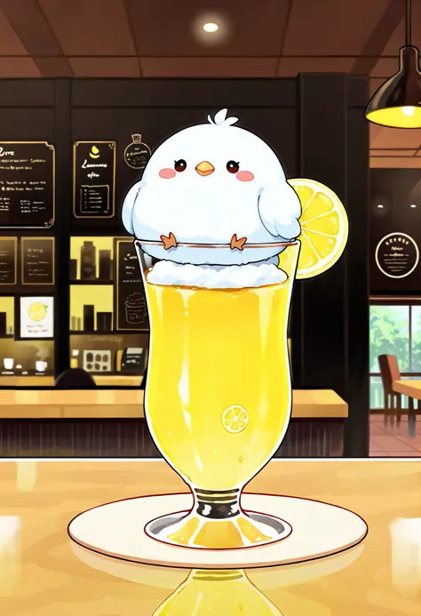 Masterpiece,Best quality, ultra detailed,Japanese Anime style, (pure white sparrow mascot) , round body, fluffy body,simple face, cute appearance, on top of lemon, on top of lemon next to lemonade drink, on top of table in coffee shop, inside coffee shop,
