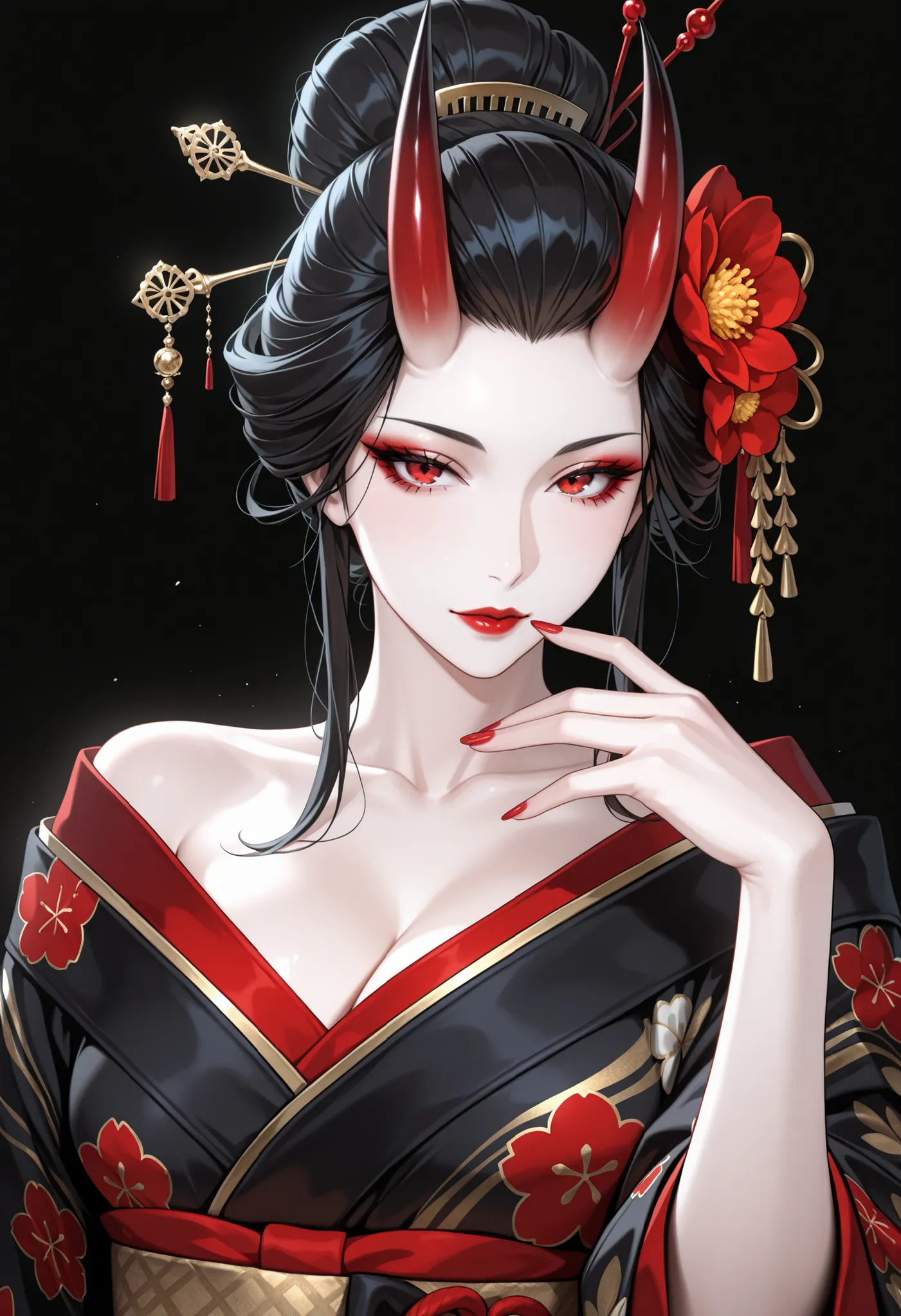 1girl,horns,solo,japanese clothes,kimono,red eyes,black background,hair ornament,red nails,black hair,red lips,looking at viewer,makeup,red horns,nail polish,simple background,floral print,oni horns,kanzashi,black kimono,hair stick,fingernails,upper body,h...
