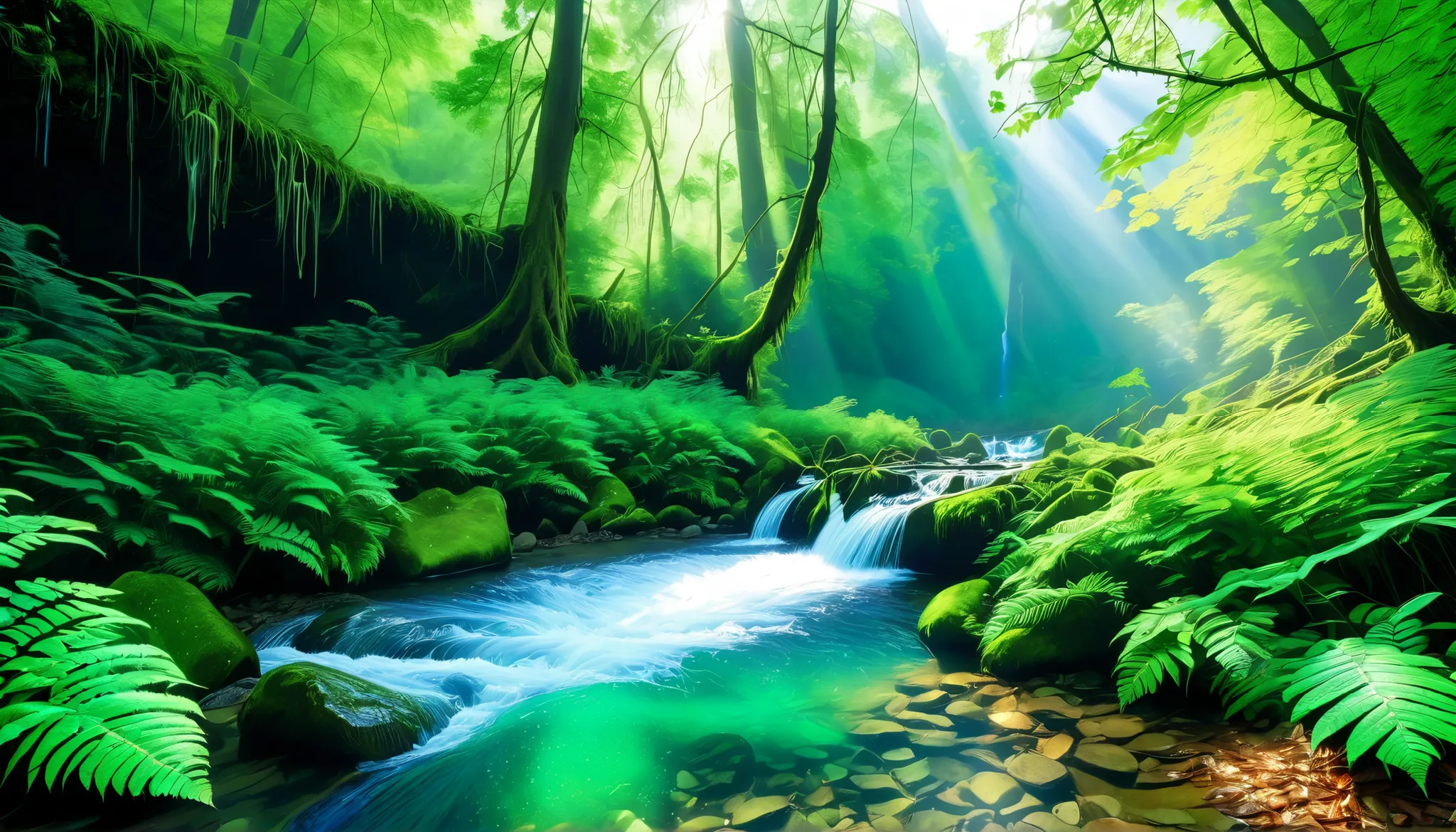 (Clear Stream in the Forest:1.5),(A large waterfall can be seen in the back:1.5),(realistic expression:1.5),(Super Realism:1.5),(Detailed leaf representation:1.5),A beam of light is emitted from the waterfall, Mysterious Forest Lagoon, Magical forest backg...