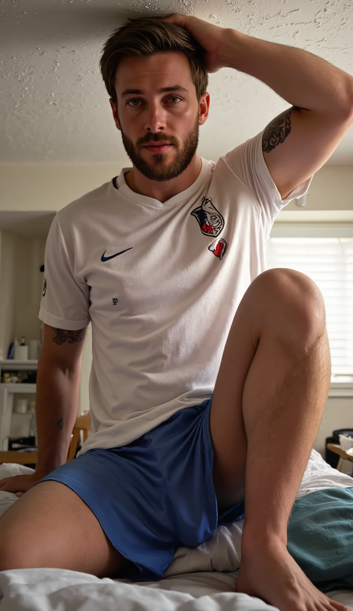 man , Sensual, high, moreno, athletic, lean body, very skinny body, skinny defined jaw, Straight Nose, penetrating blue eyes , short brown hair , Looks like it's Chris Evans , well-groomed beard , mature and airy face , full body , realistic i...