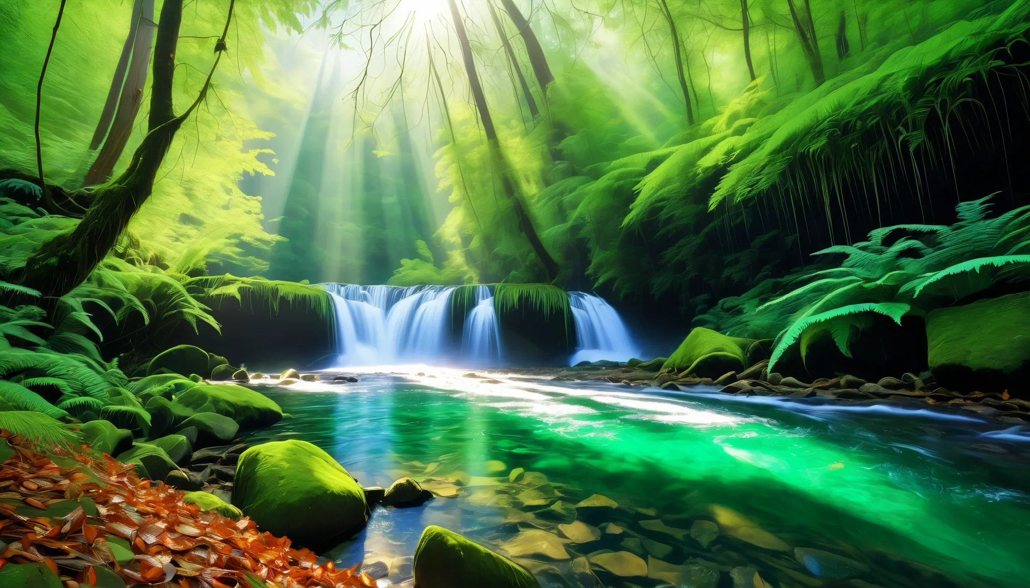 (Clear Stream in the Forest:1.5),(A large waterfall can be seen in the back:1.5),(A stream with a lot of water flows through the:1.5),(realistic expression:1.5),(Super Realism:1.5),(Detailed leaf representation:1.5),A beam of light is emitted from the wate...
