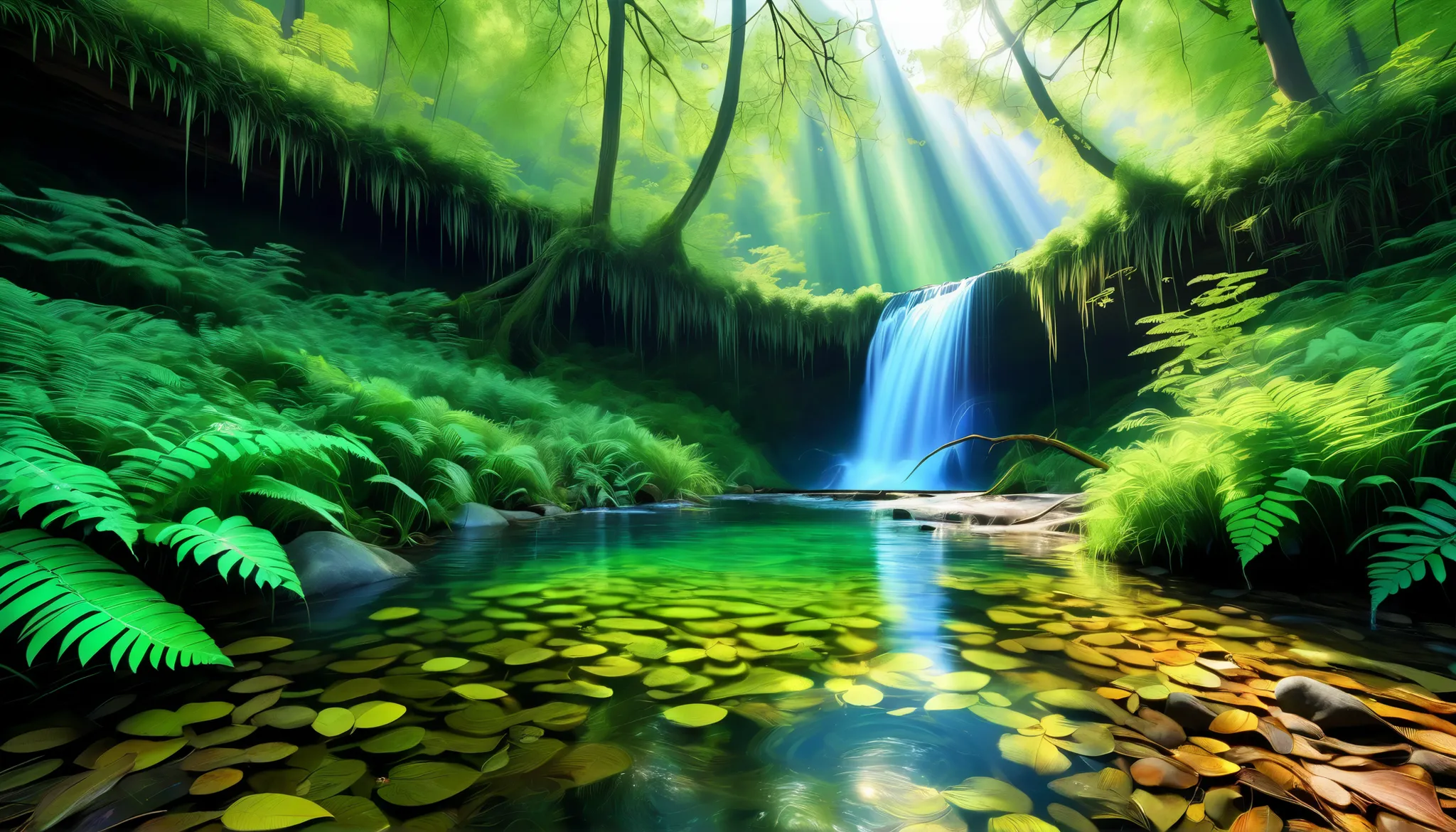 (Clear Stream in the Forest:1.5),(A large waterfall can be seen in the back:1.5),(A stream with a lot of water flows through the:1.5),(realistic expression:1.5),(Super Realism:1.5),(Detailed leaf representation:1.5),A beam of light is emitted from the wate...