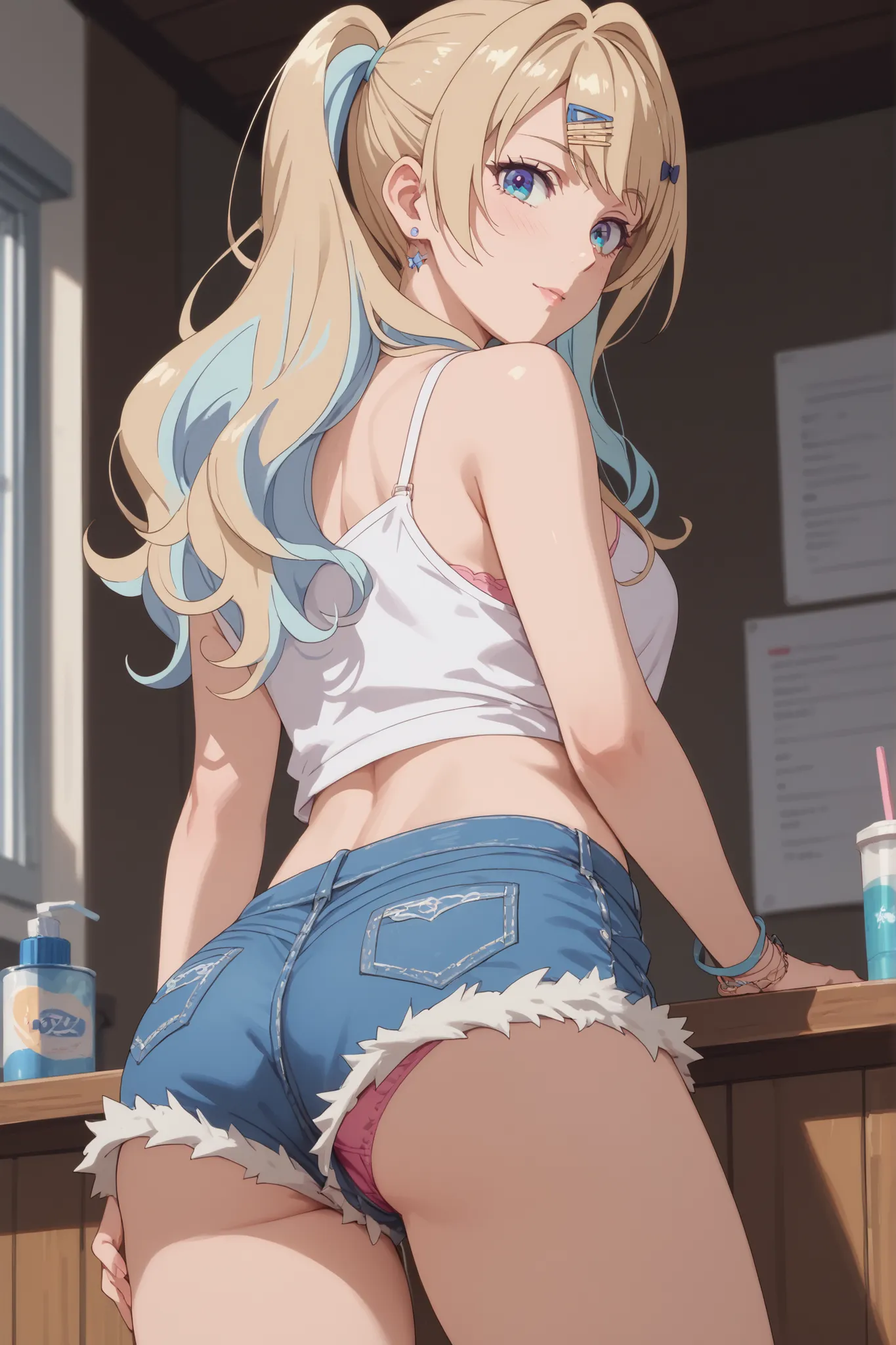 obra-prima , best quality, 1,luna shirakawa, upshorts, Look at the pink panties , with the back ,Very loose shorts showing part of the underwear, white frayed denim shorts ,looking at the viewer,Blonde hair with light blue highlights
