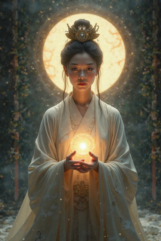 Nanhua style, Buddhism, Guanyin Bosatsu costume, Japanese woman wearing a Tang Dynasty costume, smiles, dark background, Radial Light Shines, and look at the camera, full body image, Palms in front of chest, A jewel on the palm