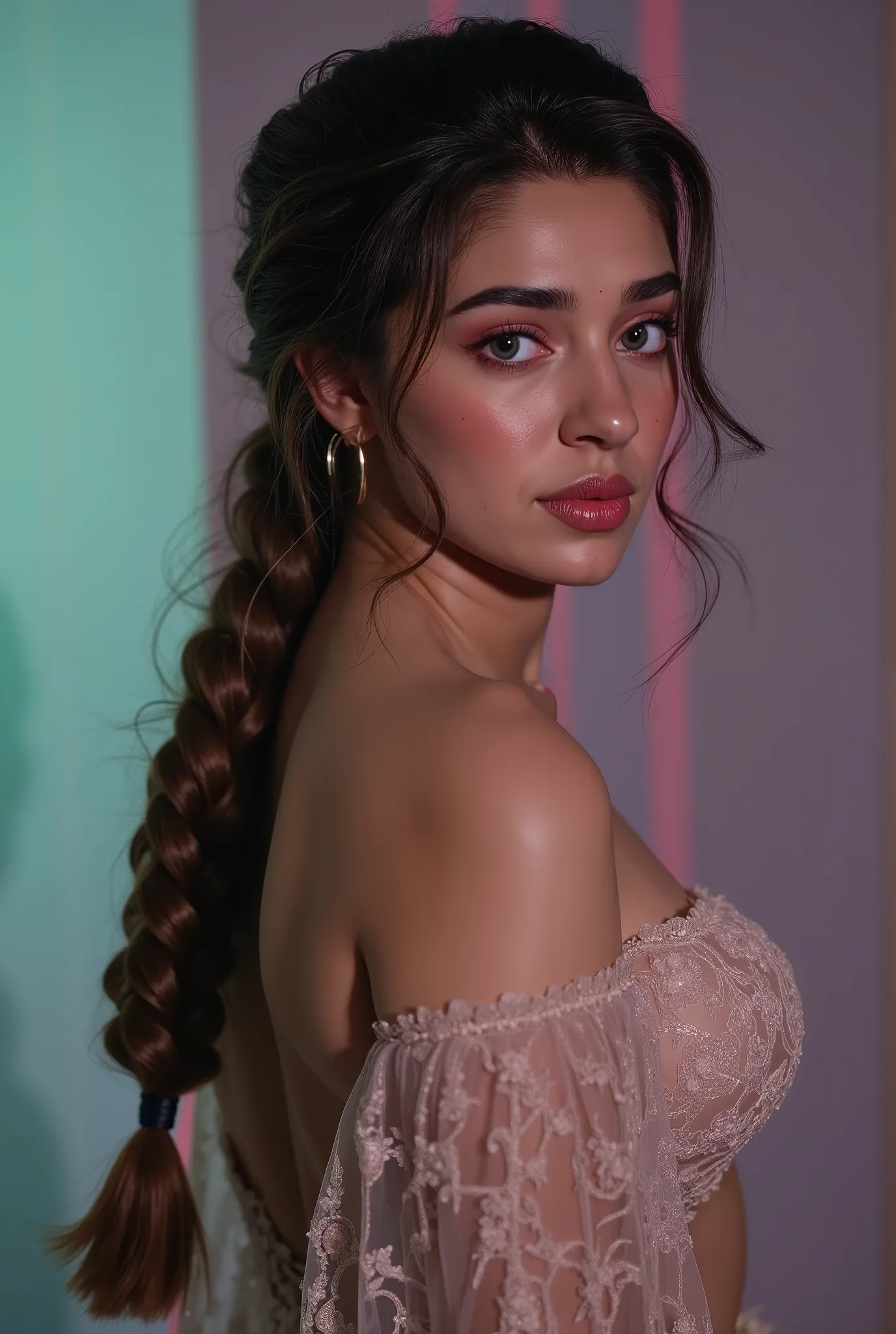 Generate a hyper-realistic, high-resolution image of kr1t1 sh3tty from the chest up to the waist. Ensure the photo is sharp and clear, with natural colors and studio-quality lighting. She should be posed confidently, exuding charisma and allure. Dress her ...