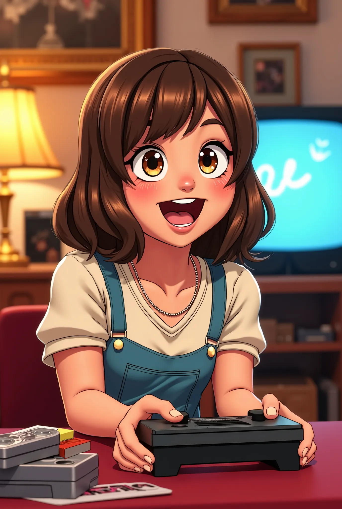 Create a realistic manga-style image of an excited girl (Amanda Bynes ), Who plays video games in the 90s