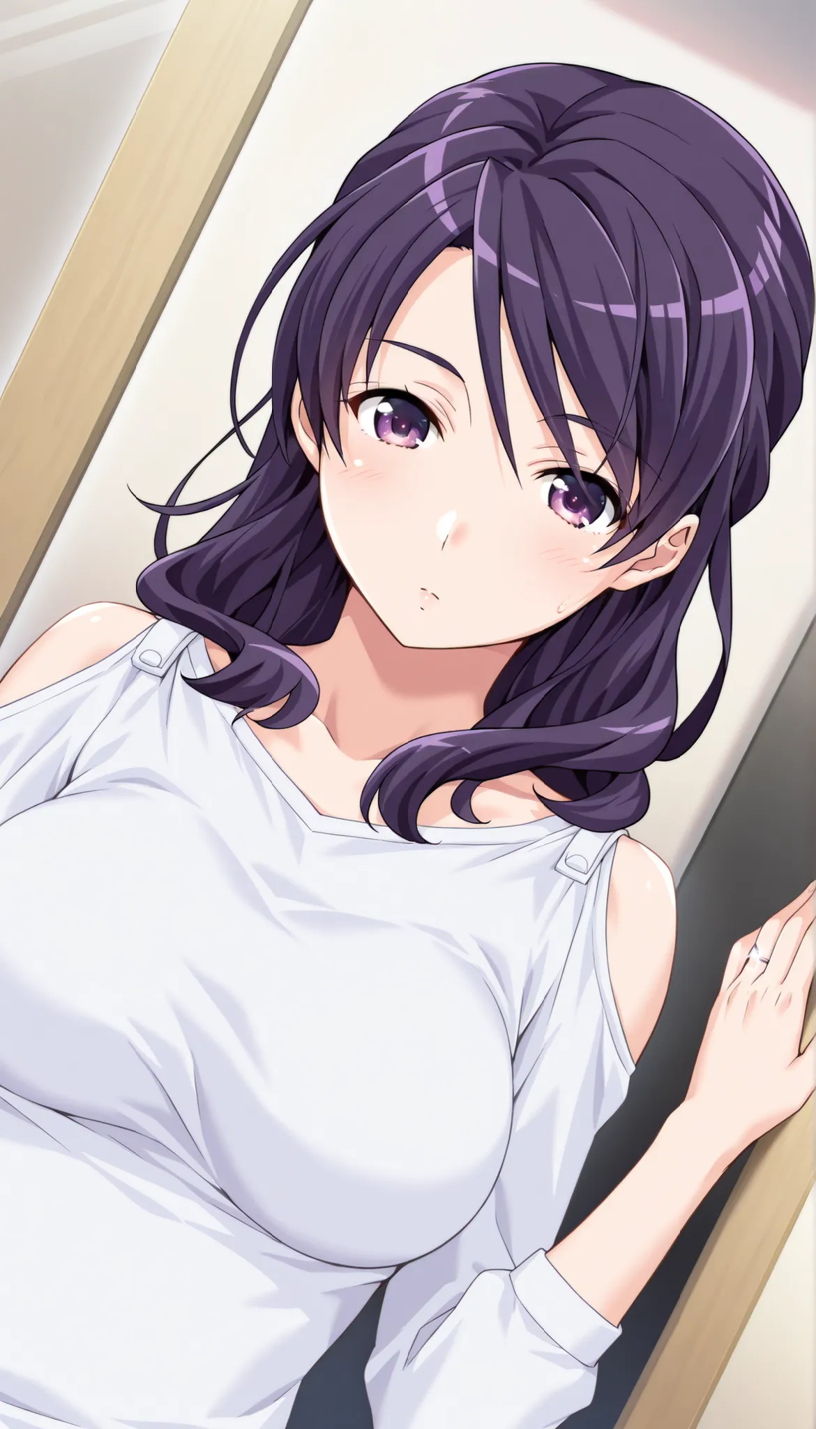score_9, score_8_up, score_7_up, game CG, BREAK Official Art , solo, 1 girl, one girl, 
 Hobara Naoko, purple hair behind closed doors, Purple Eyes, wedding ring, 
general, upper body,
Dynamic angle, model pose, 
 (masterpiece:1.3), Highest Quality, high d...