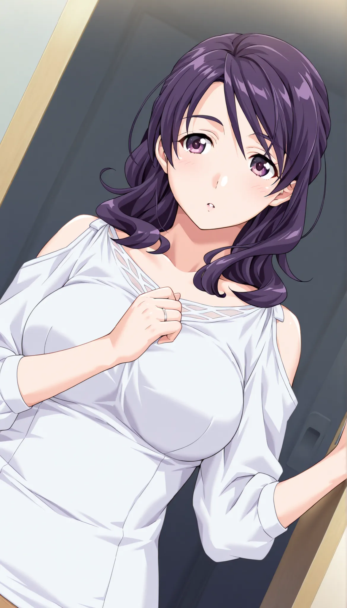 score_9, score_8_up, score_7_up, game CG, BREAK Official Art , solo, 1 girl, one girl, 
 Hobara Naoko, purple hair behind closed doors, Purple Eyes, wedding ring, 
general, upper body,
Dynamic angle, model pose, 
 (masterpiece:1.3), Highest Quality, high d...