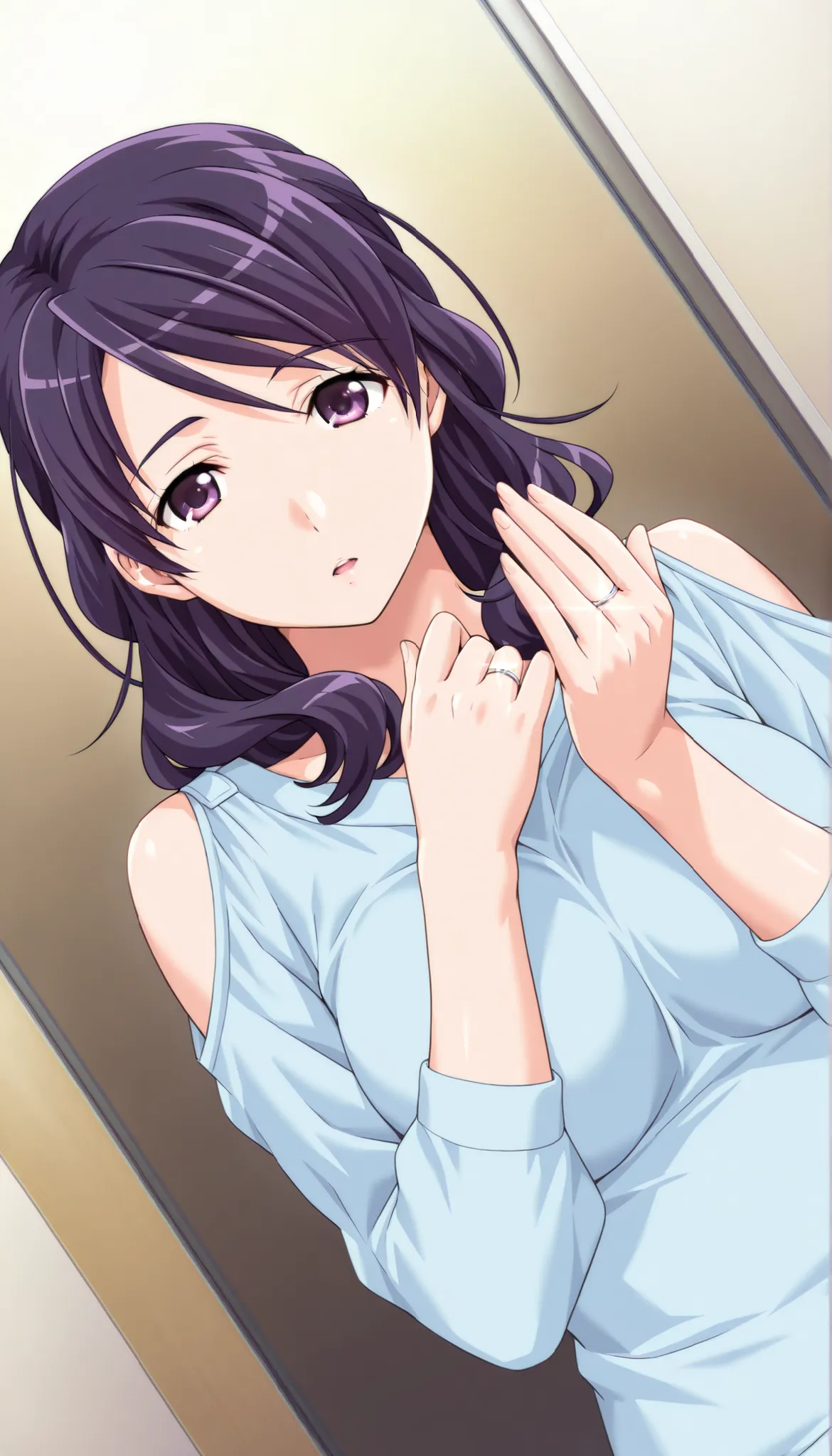 score_9, score_8_up, score_7_up, game CG, BREAK Official Art , solo, 1 girl, one girl, 
 Hobara Naoko, purple hair behind closed doors, Purple Eyes, wedding ring, 
general, upper body,
Dynamic angle, model pose, 
 (masterpiece:1.3), Highest Quality, high d...
