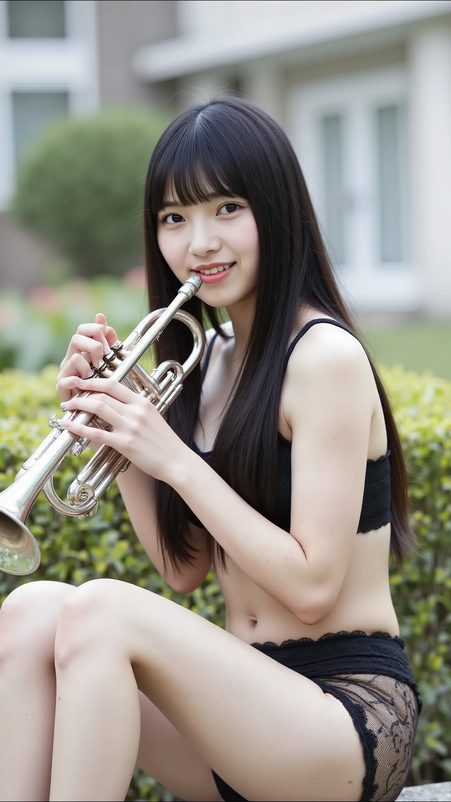 The high resolution photograph of a Japanese young woman, masterpiece, amazing quality, photo-realistic, intricate details, 8k, RAW photo, sharp focus, professional lighting, lingerie shot, portrait, solo, 1girl, (playing the trumpet:1.5), petite body, sma...