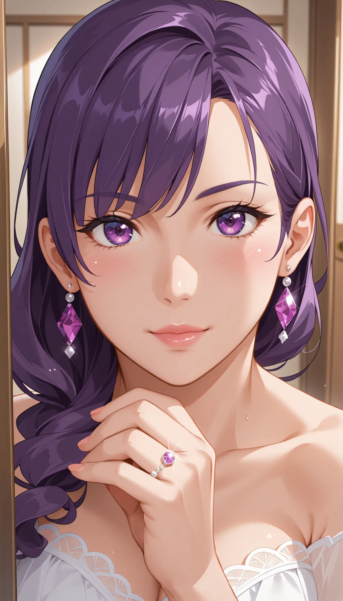 score_9, score_8_up, score_7_up, game CG, BREAK Official Art , solo, 1 girl, one girl, 
 Hobara Naoko, purple hair behind closed doors, Purple Eyes, wedding ring, 
general, upper body,
Dynamic angle, model pose, 
 (masterpiece:1.3), Highest Quality, high d...