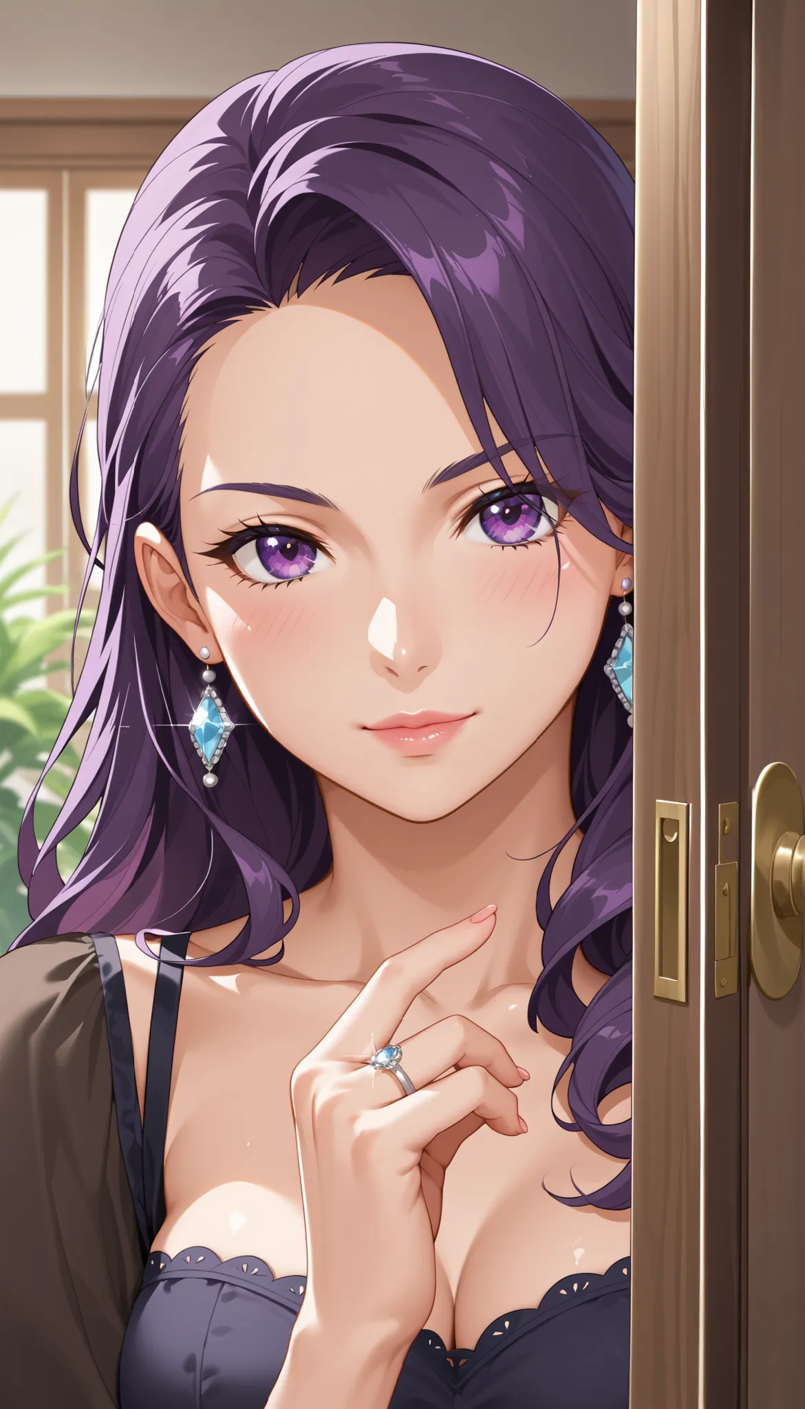 score_9, score_8_up, score_7_up, game CG, BREAK Official Art , solo, 1 girl, one girl, 
 Hobara Naoko, purple hair behind closed doors, Purple Eyes, wedding ring, 
general, upper body,
Dynamic angle, model pose, 
 (masterpiece:1.3), Highest Quality, high d...