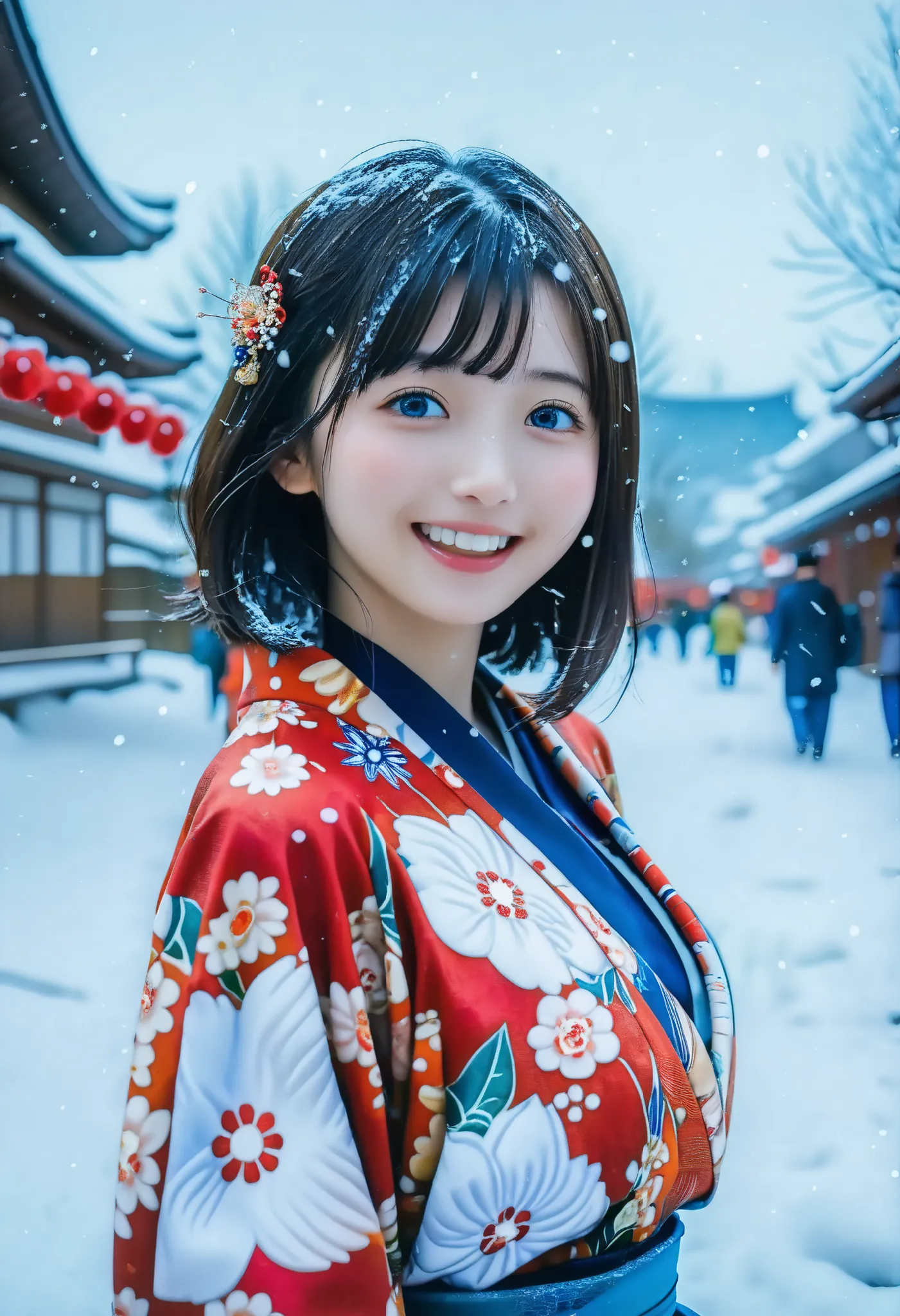 kimono decorated with intricate patterns、shiny skin, big breasts:0.5, look up, watching the scenery, beautiful hair, beautiful face, beautiful detailed eyes, (medium hair:1.5, Japanese Hair:1.5), black hair, blue eyes, ((( red floral kimono ), hair accesso...