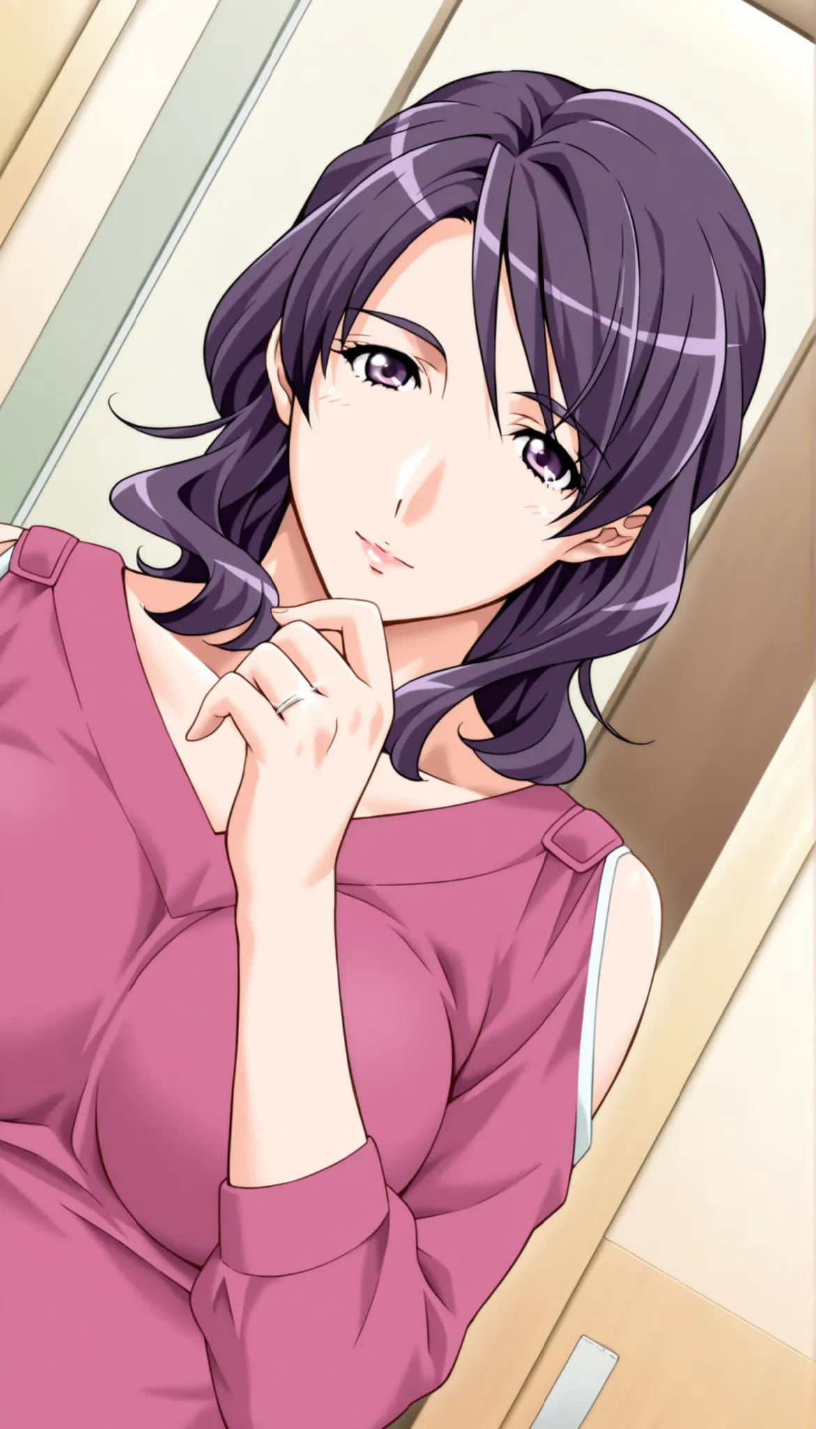 score_9, score_8_up, score_7_up, game CG, BREAK Official Art , solo, 1 girl, one girl, 
 Hobara Naoko, purple hair behind closed doors, Purple Eyes, wedding ring, 
general, upper body,
Dynamic angle, model pose, 
 (masterpiece:1.3), Highest Quality, high d...