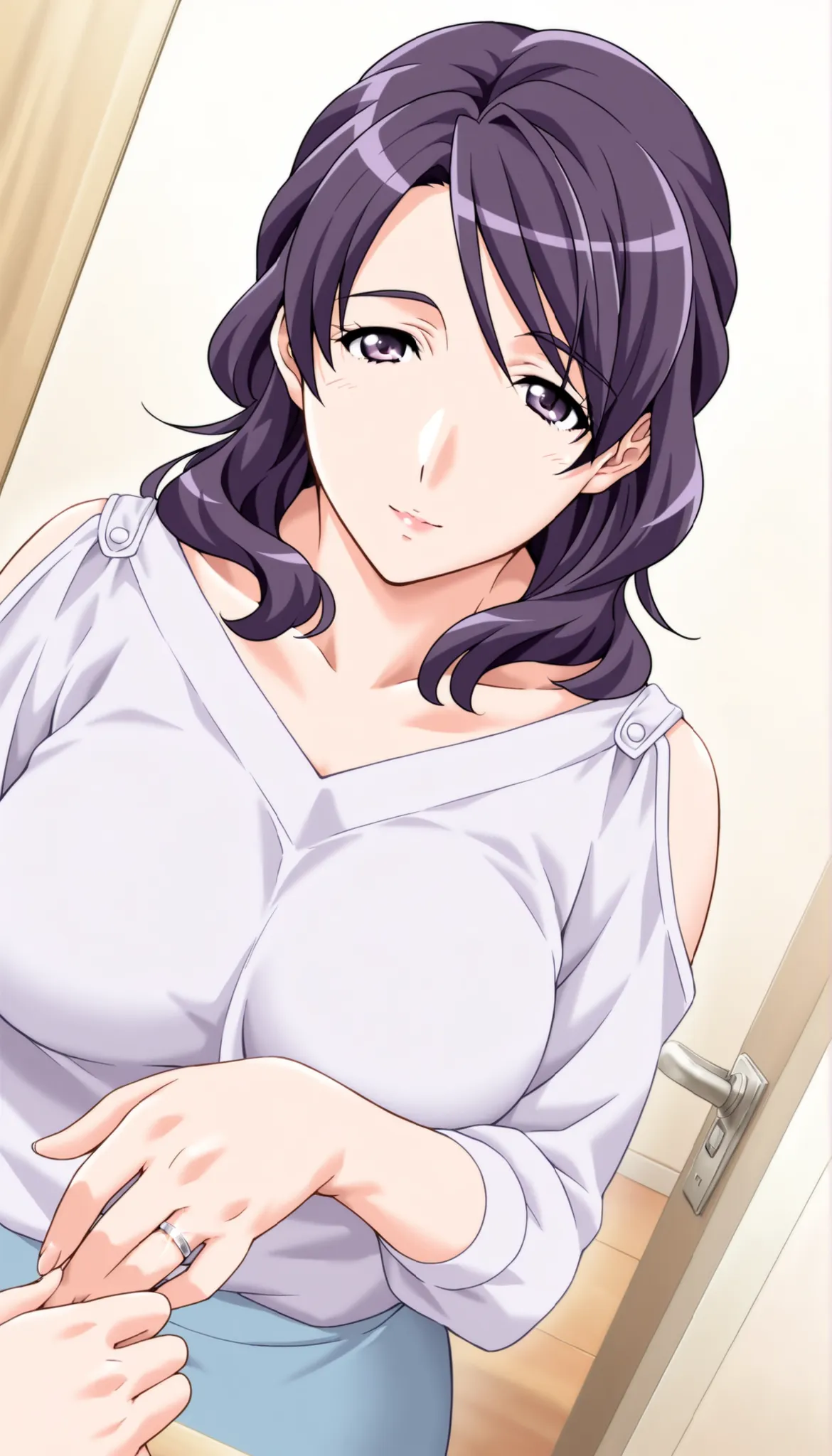 score_9, score_8_up, score_7_up, game CG, BREAK Official Art , solo, 1 girl, one girl,
Hobara Naoko, purple hair behind closed doors, Purple Eyes, wedding ring,
general, upper body,
Dynamic angle, model pose,
(masterpiece:1.3), Highest Quality, high d...