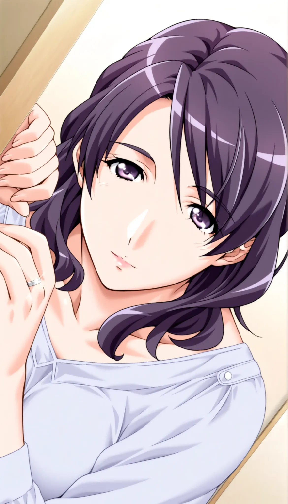 score_9, score_8_up, score_7_up, game CG, BREAK Official Art , solo, 1 girl, one girl, 
 Hobara Naoko, purple hair behind closed doors, Purple Eyes, wedding ring, 
general, upper body,
Dynamic angle, model pose, 
 (masterpiece:1.3), Highest Quality, high d...