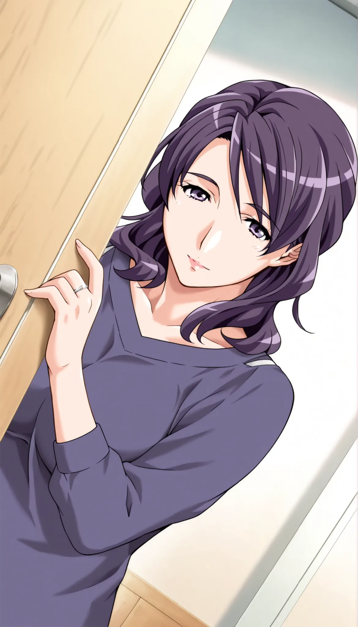 score_9, score_8_up, score_7_up, game CG, BREAK Official Art , solo, 1 girl, one girl, 
 Hobara Naoko, purple hair behind closed doors, Purple Eyes, wedding ring, 
general, upper body,
Dynamic angle, model pose, 
 (masterpiece:1.3), Highest Quality, high d...
