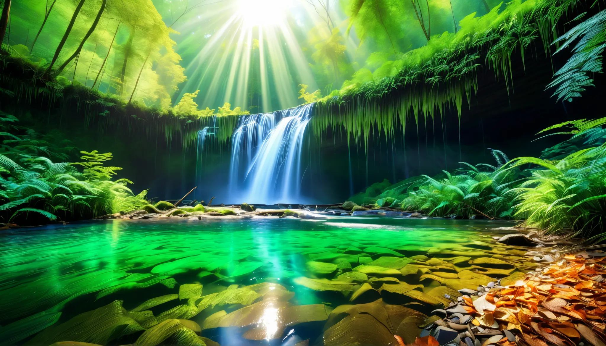 Clear Stream,Big waterfall,(Clear Stream in the Forest:1.5),(A large waterfall can be seen in the back:1.5),(A stream with a lot of water flows through the:1.5),(realistic expression:1.5),(Super Realism:1.5),(Detailed leaf representation:1.5),A beam of lig...