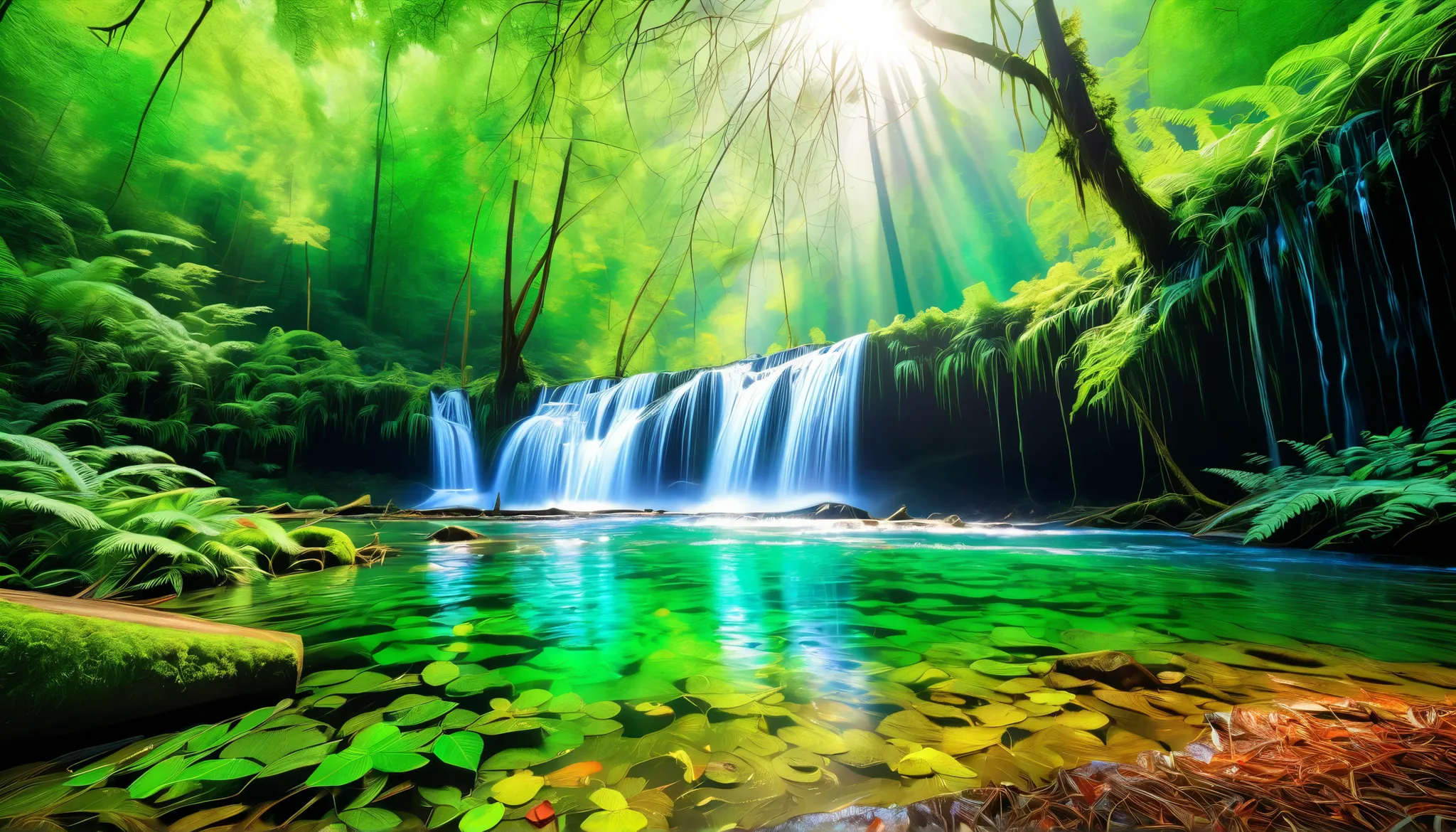 Clear Stream,Big waterfall,(Clear Stream in the Forest:1.5),(A large waterfall can be seen in the back:1.5),(A stream with a lot of water flows through the:1.5),(realistic expression:1.5),(Super Realism:1.5),(Detailed leaf representation:1.5),A beam of lig...