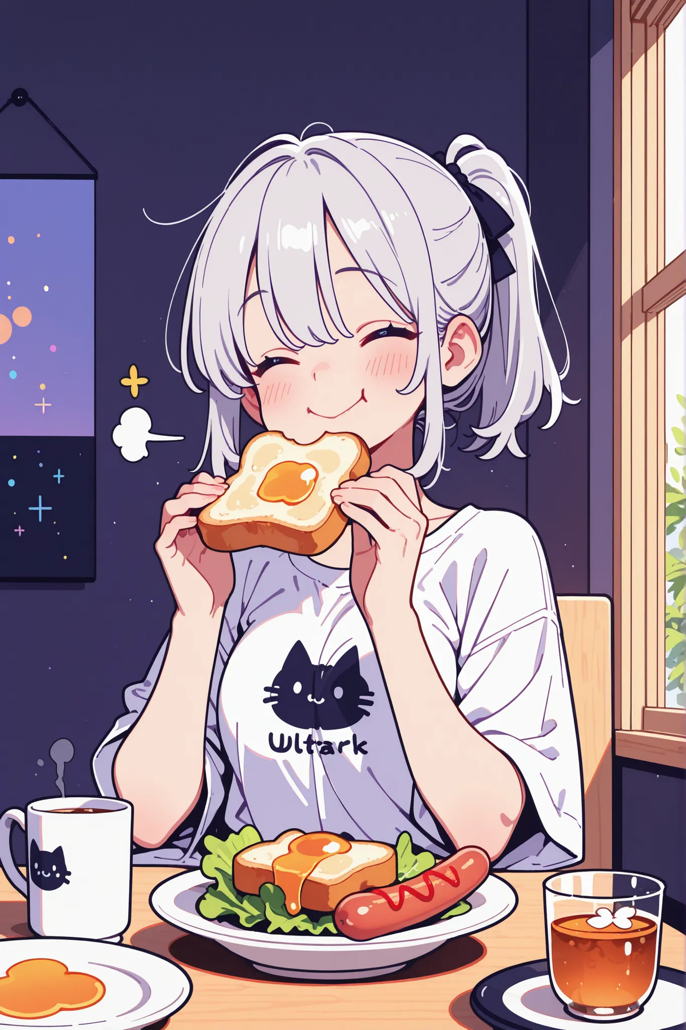 morning,indoor,a cute girl,silver hair,short ponytail with ribbon,big smile,happy,shirt with cat print,
sitting,eating toast with butter,a small bowl with salad and sausage on table,a cup of cold tea,
((ultra detailed perfect piece)),illustration,masterpi...
