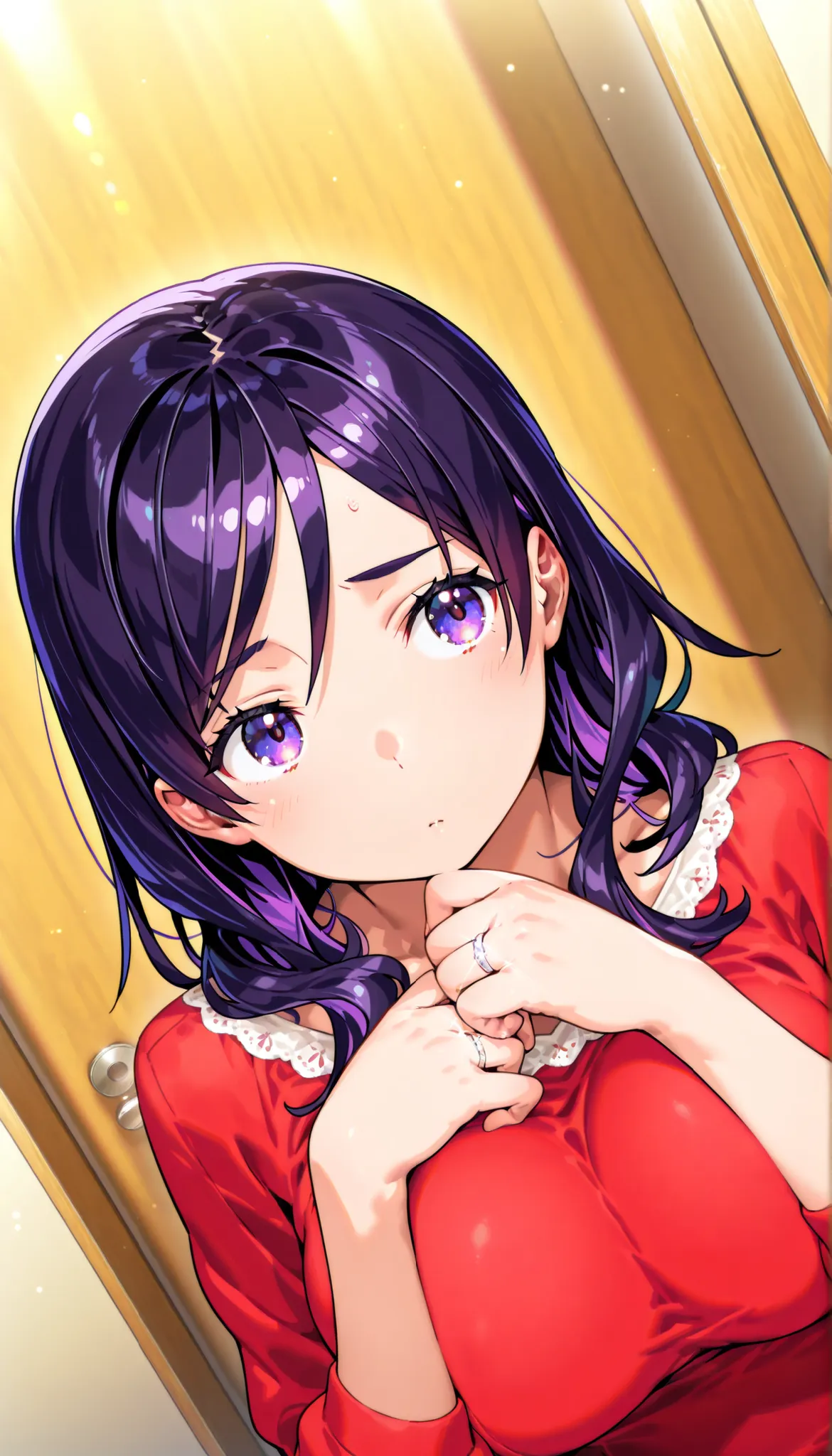 score_9, score_8_up, score_7_up, game CG, BREAK Official Art , solo, 1 girl, one girl,
Hobara Naoko, purple hair behind closed doors, Purple Eyes, wedding ring,
general, upper body,
Dynamic angle, model pose,
(masterpiece:1.3), Highest Quality, high d...