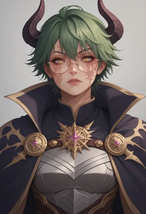 green hair, yellow eyes, round glasses, scars on body, scar, burn scar, demon girl, horns, full summoner armor, cape, light red skin
