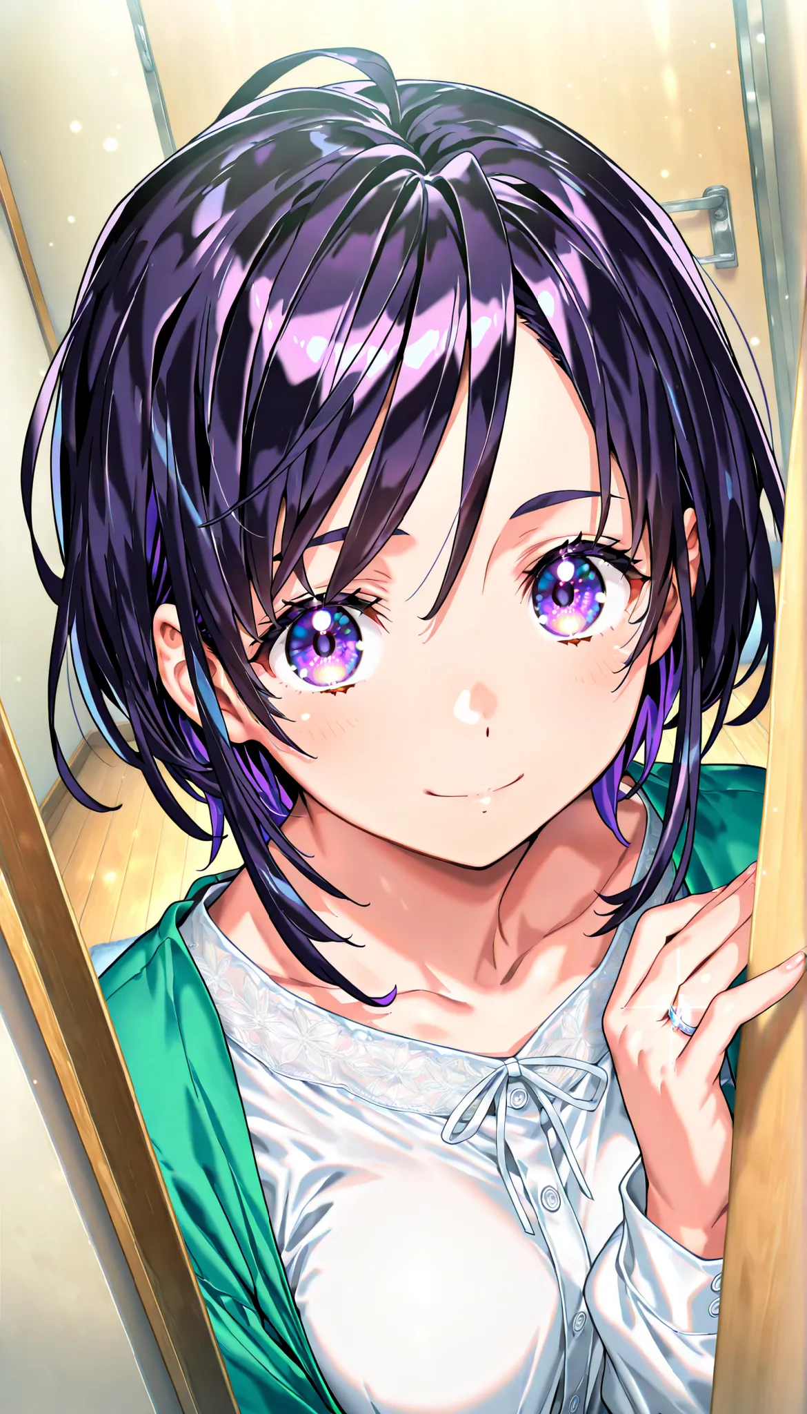 masterpiece, Highest Quality, newest, high definition,  1 girl on break day, Yokota Mamoru Style,motion line floating on impact,very straight nose，  slim,thin face,perfect nose,staring at the viewer,charming smile、顔up、score_9, score_8_up, score_7_up, game ...