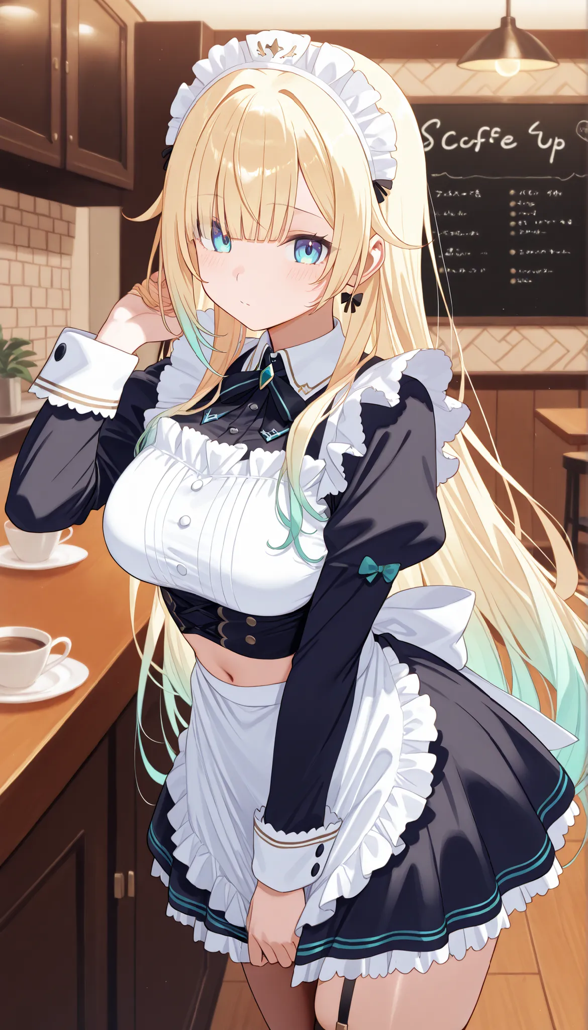 masterpiece, score_9, score_8_up, score_7_up, anime, pinup, masterpiece, full twinkle, perfect face, best quality, high resolution, 1 girl, aizawa ema, 1girl, virtual youtuber, blonde hair, aqua hair, gradient hair, long hair, very long hair, blunt bangs, ...