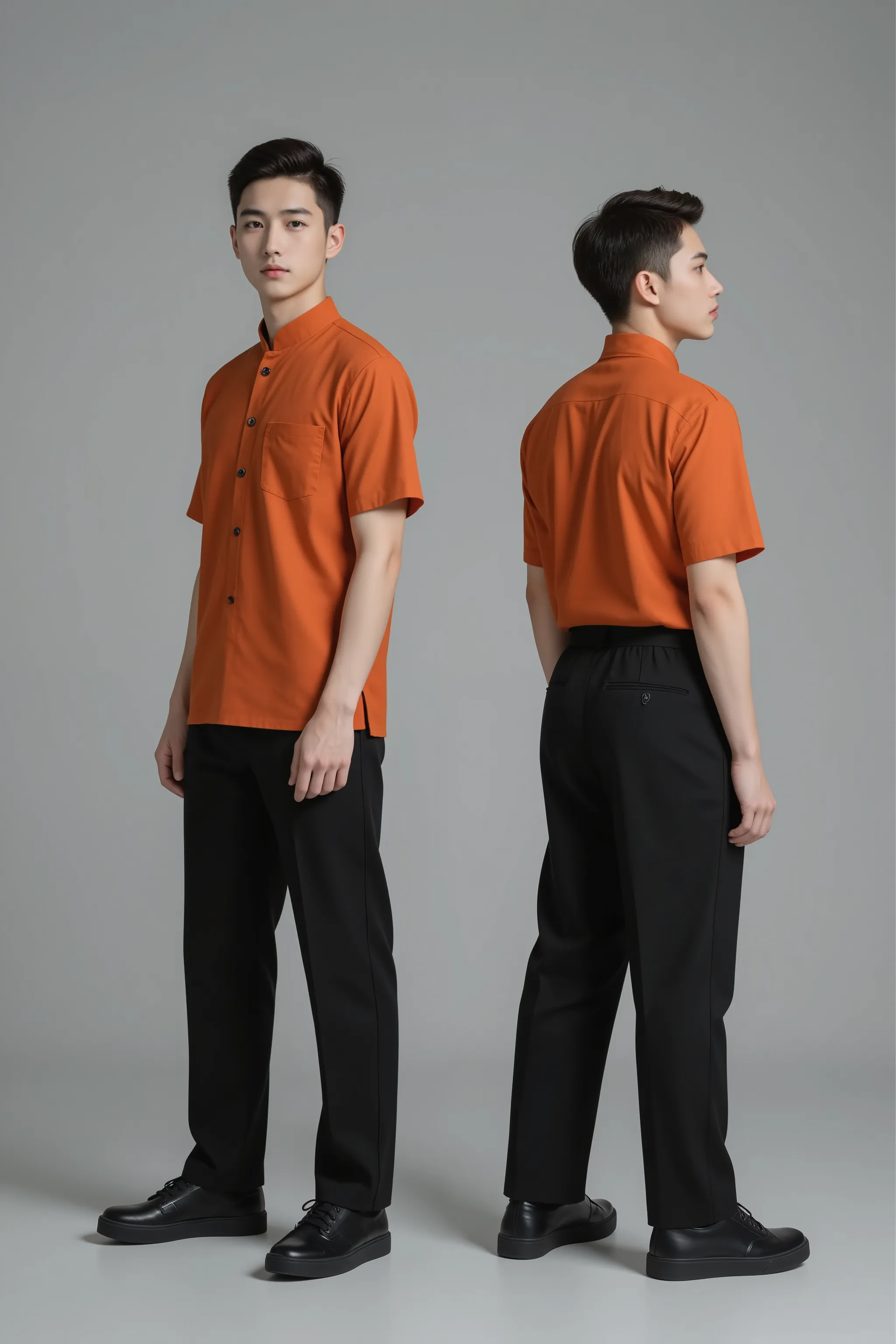 A realistic photography, ultra HD, super like a real, detailing, high resolution, perfect  mockups a a man, Indonesia face, 175 cm, 25 years old, clean face, slim body, tall body. Shortcut hairstyle with dark orange colours suit, Mandarin collar, short sle...