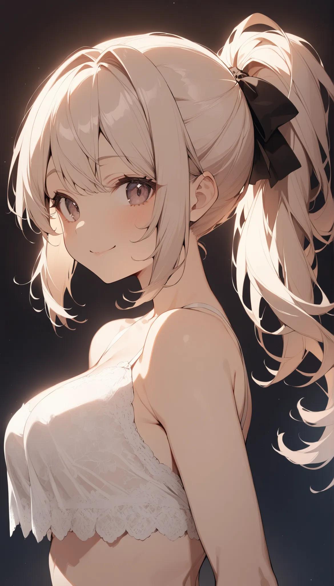 1 girl, smile,  closed mouth ,    is nice,bow  is nice, lace-trimmed  is nice, lace  is nice, two-tone  is nice, , underwear only, upper body,big breasts,  ponytail, slow,