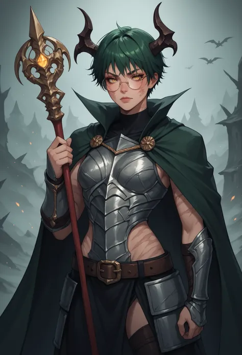 maki, green hair, yellow eyes, round glasses, scars on body, scar, burn scar, demon girl, horns, full necromancer armor, cape, light red skin, rpg character, necromancer, holding staff
