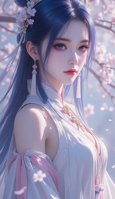Chinese Fairy Tales character, extremely details, high detailed face, mature woman, milf, extremely busty, cool beauty, living expressions, (cold gaze, cold eyes, blue eyes), expressionless, dark blue hair, highlight, Straight hair, dark hair, shiny silky,...