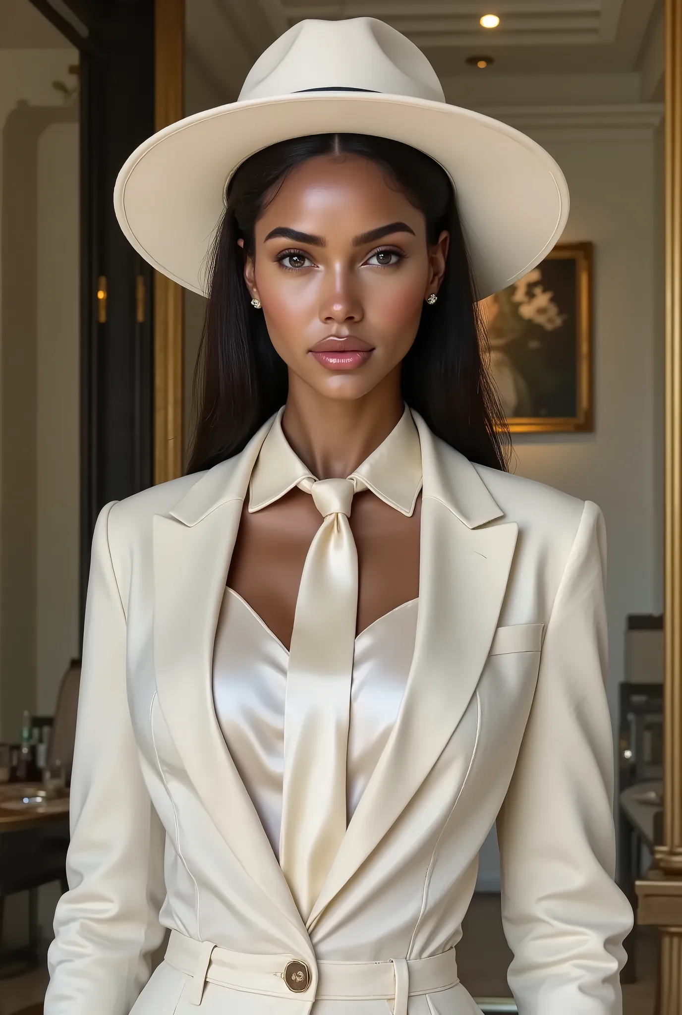 photorealistic, arafed woman with olive skin, 5'4"tall with long hair wearing a white satin blouse with a white neck tie, paired with a white vest and white blazer, white wide brim hat, white pantalon, female dandy